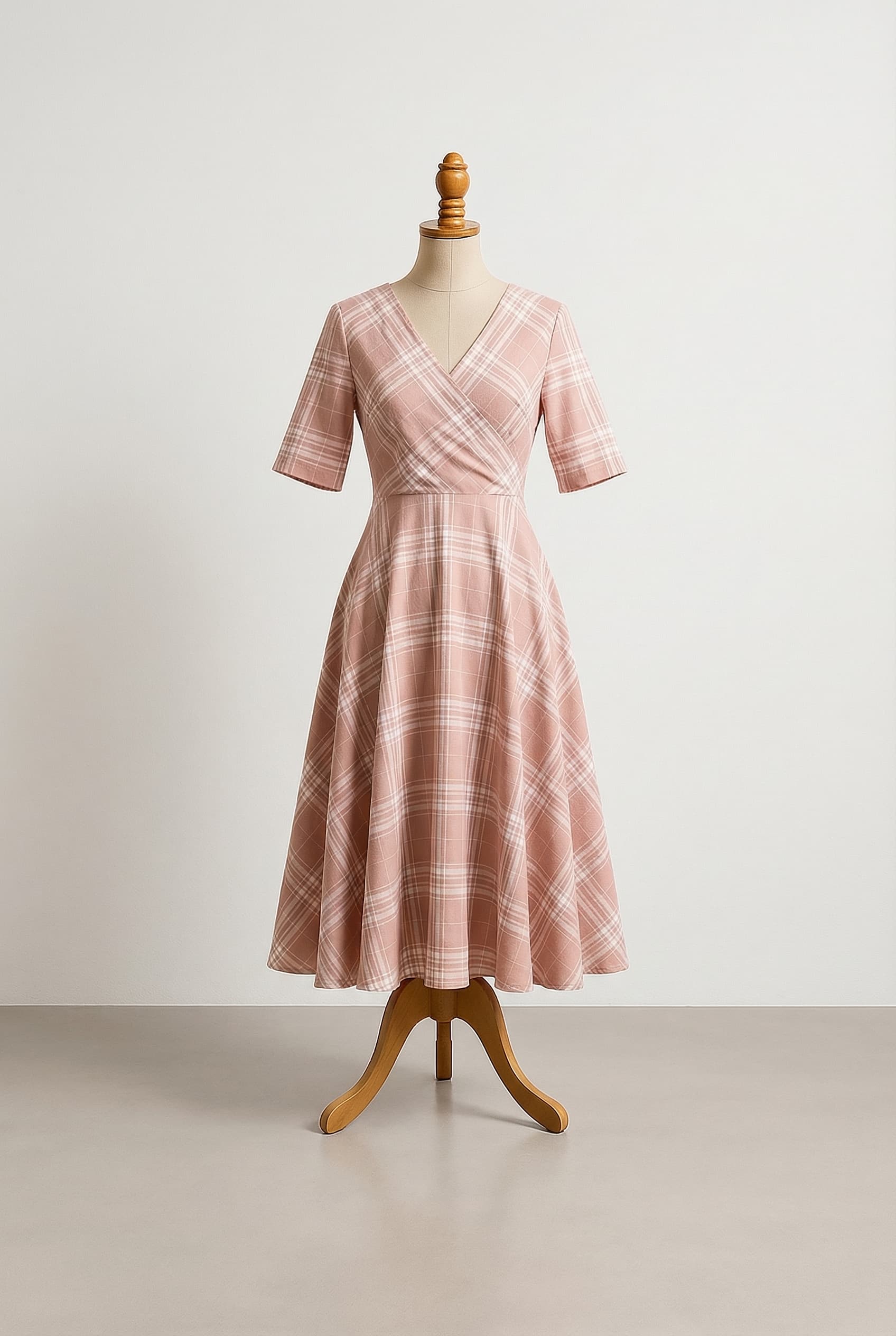 I want a balanced custom dress, blush pink and white plaid dress with a crossover neck and it is shin length and it has two cut outs on the sides at the bottom