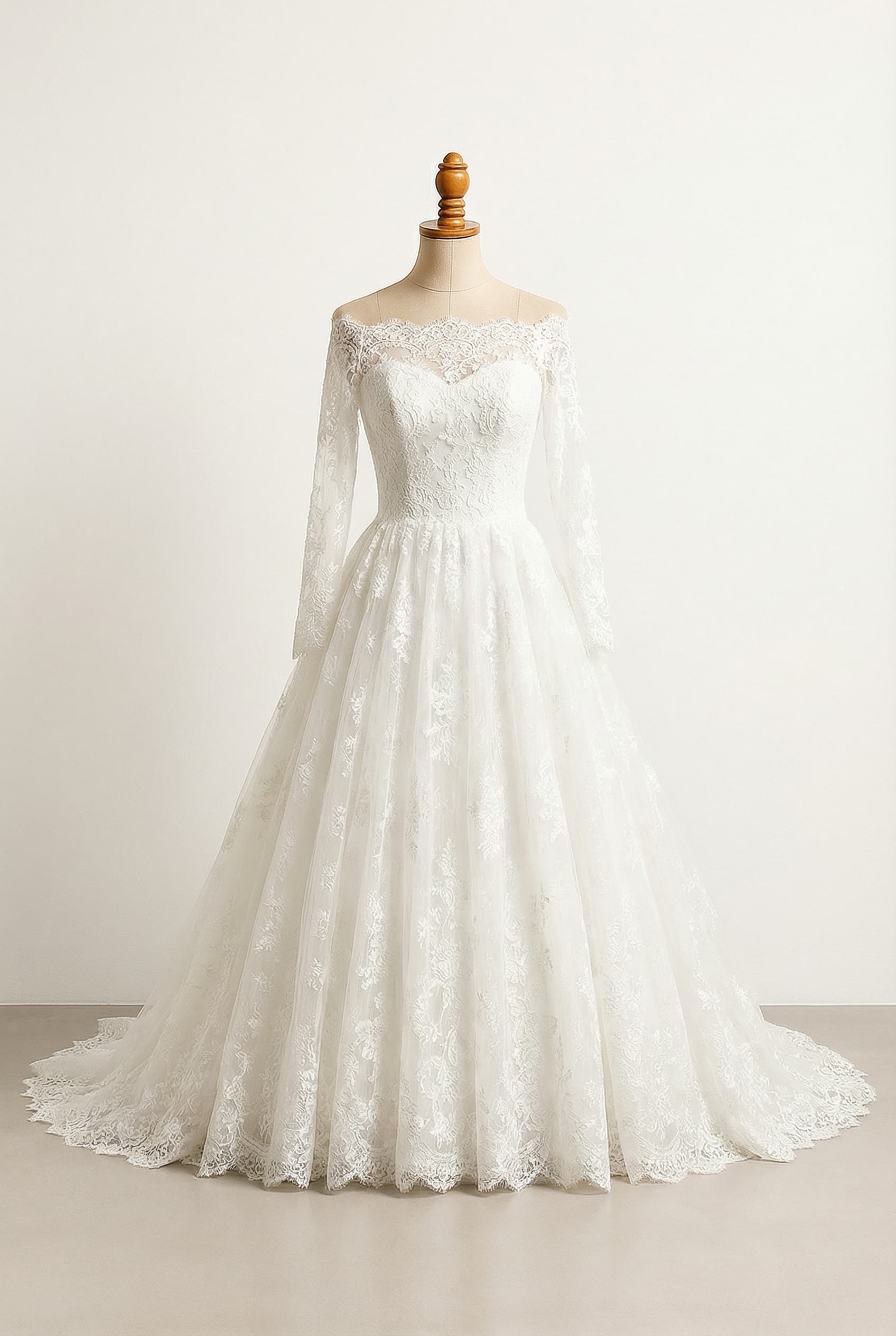 A romantic wedding dress with intricate embroidery on the bodice, delicate pearls scattered throughout the entire dress, lace long sleeves, and an off-the-shoulder neckline