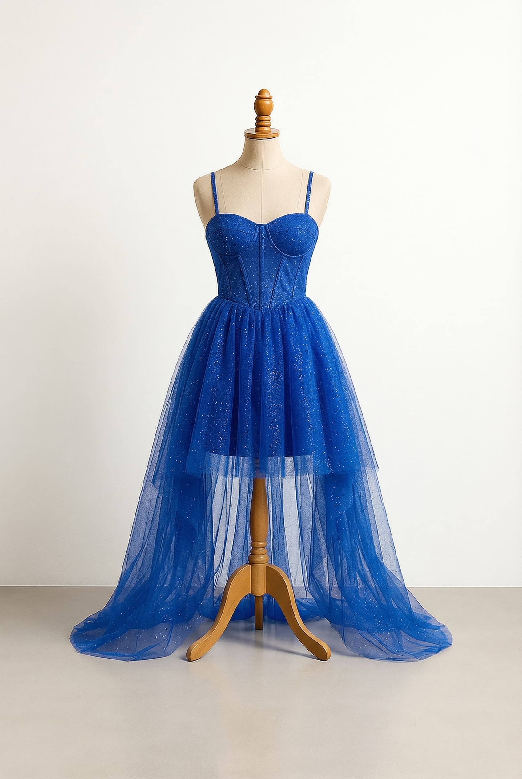 High-low cut dress with corset top rosa top with glitter small straps around shoulder thin layers of rosa skirt