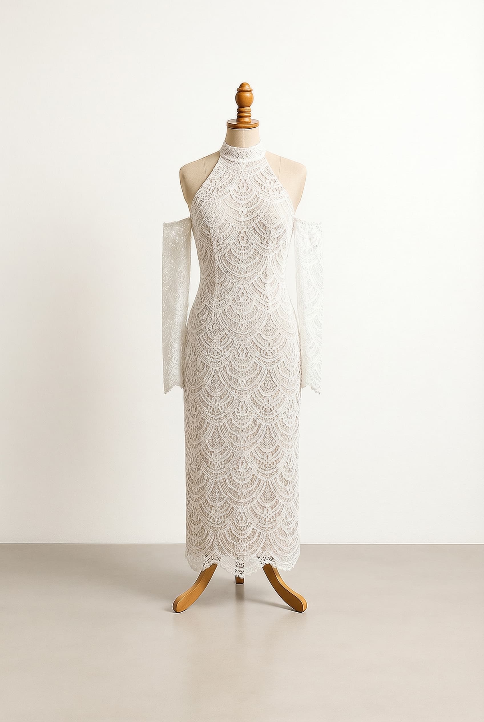 I want a balanced wedding dress body-hugging column shape long to ankle tank top neck where the chest is showing with detached long sleeves and lace fabric
