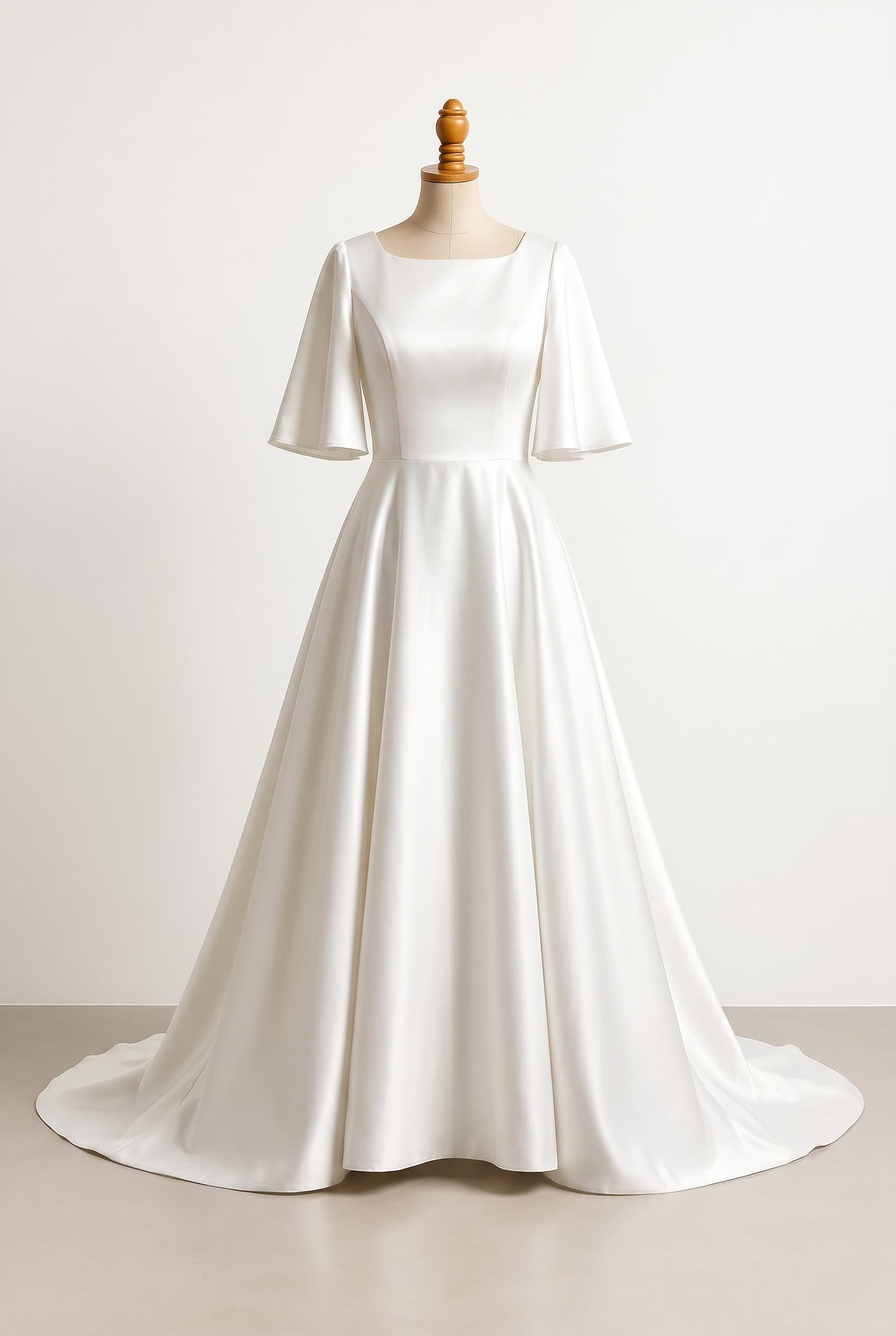 Modest wedding dress, elegant spring aesthetic, relaxed and flowy, empire waistline, classic A-line silhouette, high square neckline, elbow-length butterfly sleeves, white, soft non-structured bodice, half circle skirt, Chapel - Slight train (1-2 feet past feet)