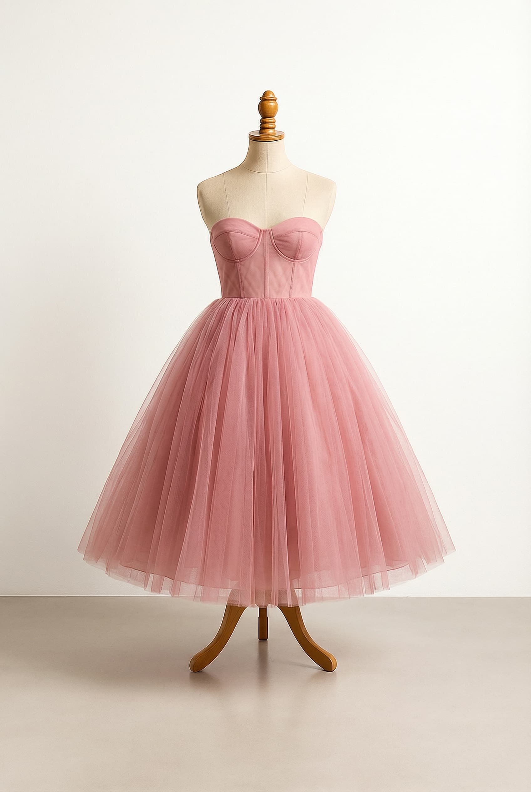 pink dress with a bustier bodice no sleeves dipped hem skirt ballerina length skirt and sweetheart neckline floor length