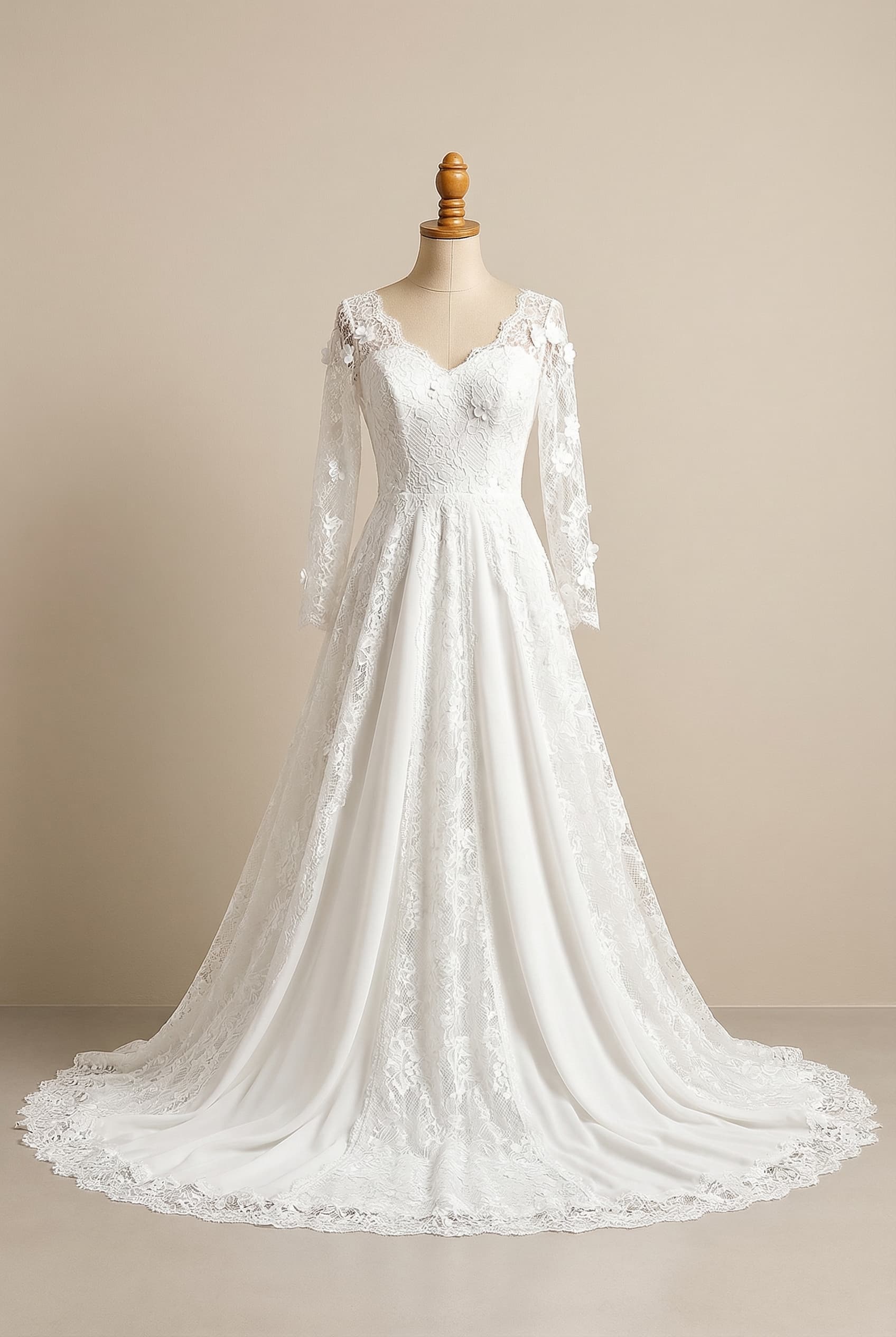 White A-Line dress with lace sleeves, slight V neckline, with small white flowers on the lace and mesh lace in between flowers, Royal - Very long, dramatic train