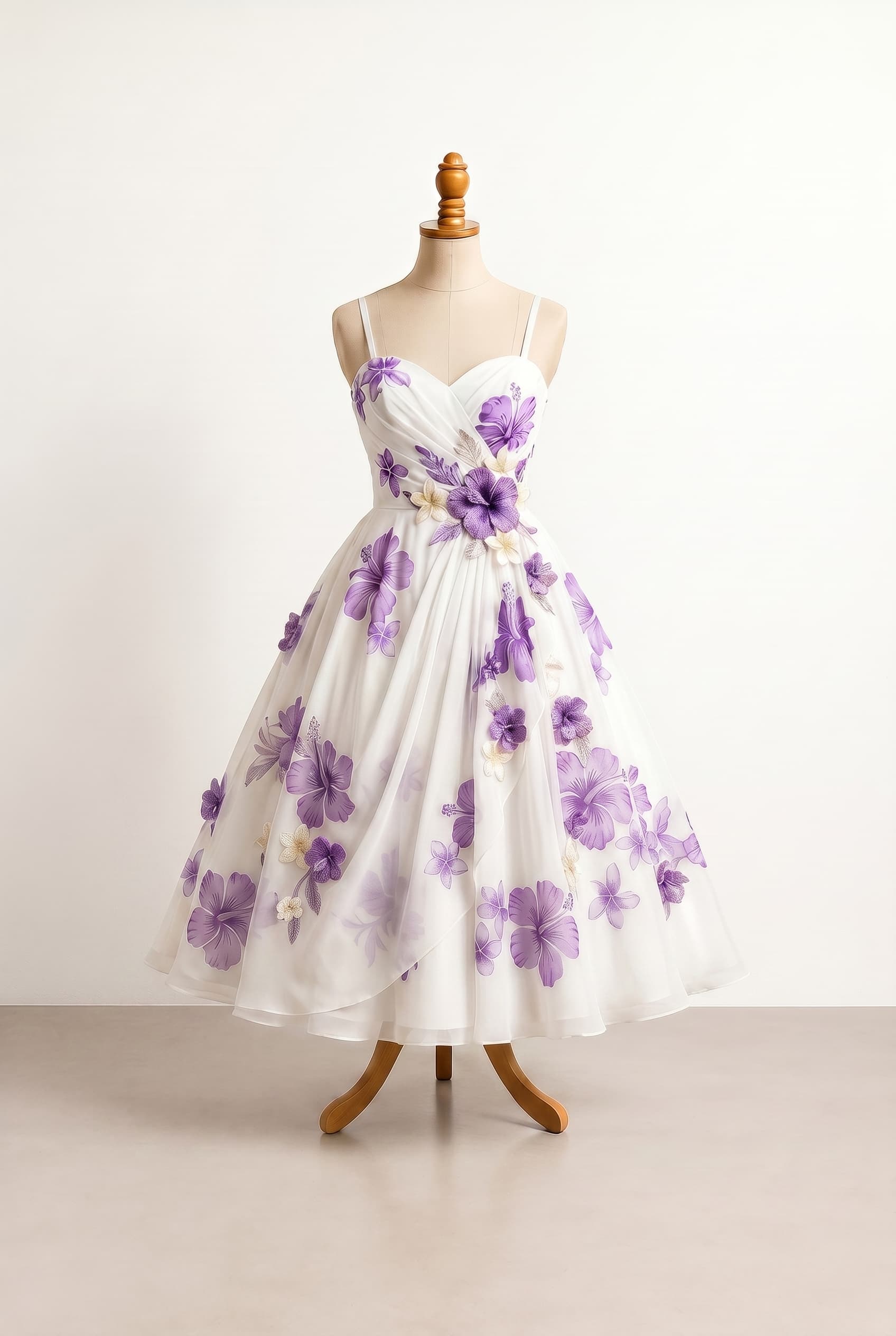 Balanced wedding dress with straps, mostly white with scattered purple Hawaiian flowers and three-dimensional floral embellishments, reaching to the mid-calf, featuring a wider A-line skirt