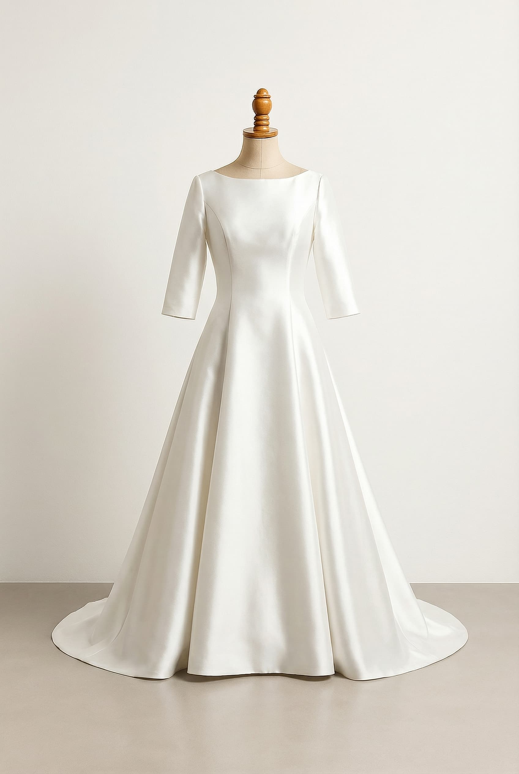 I want a balanced wedding dress with a boat neckline, three-quarter length sheer sleeves, and a sheer neckline
