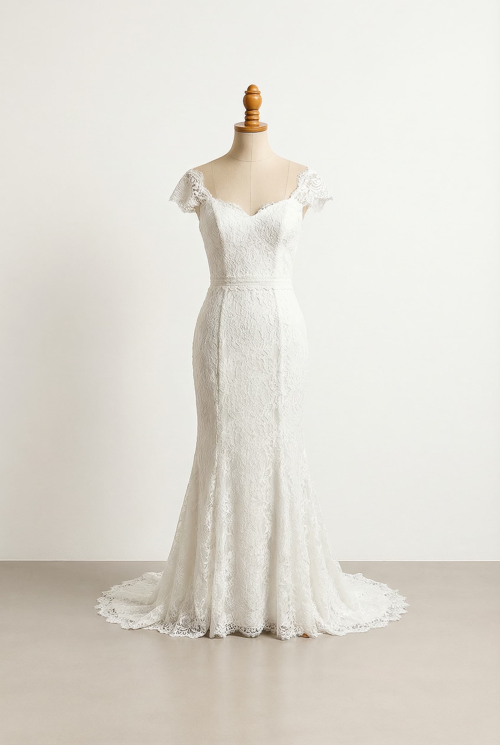 A romantic wedding dress with elegant details, featuring a delicate lace belt, and delicate lace appliqués throughout.