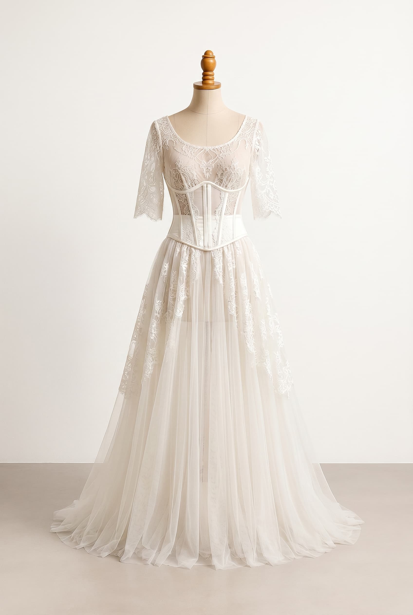 Balanced wedding dress with boho gothic and witchy vibes lace fabric A-line silhouette softer look scoop neckline elbow-length sleeves with a detachable corset added to the waistline