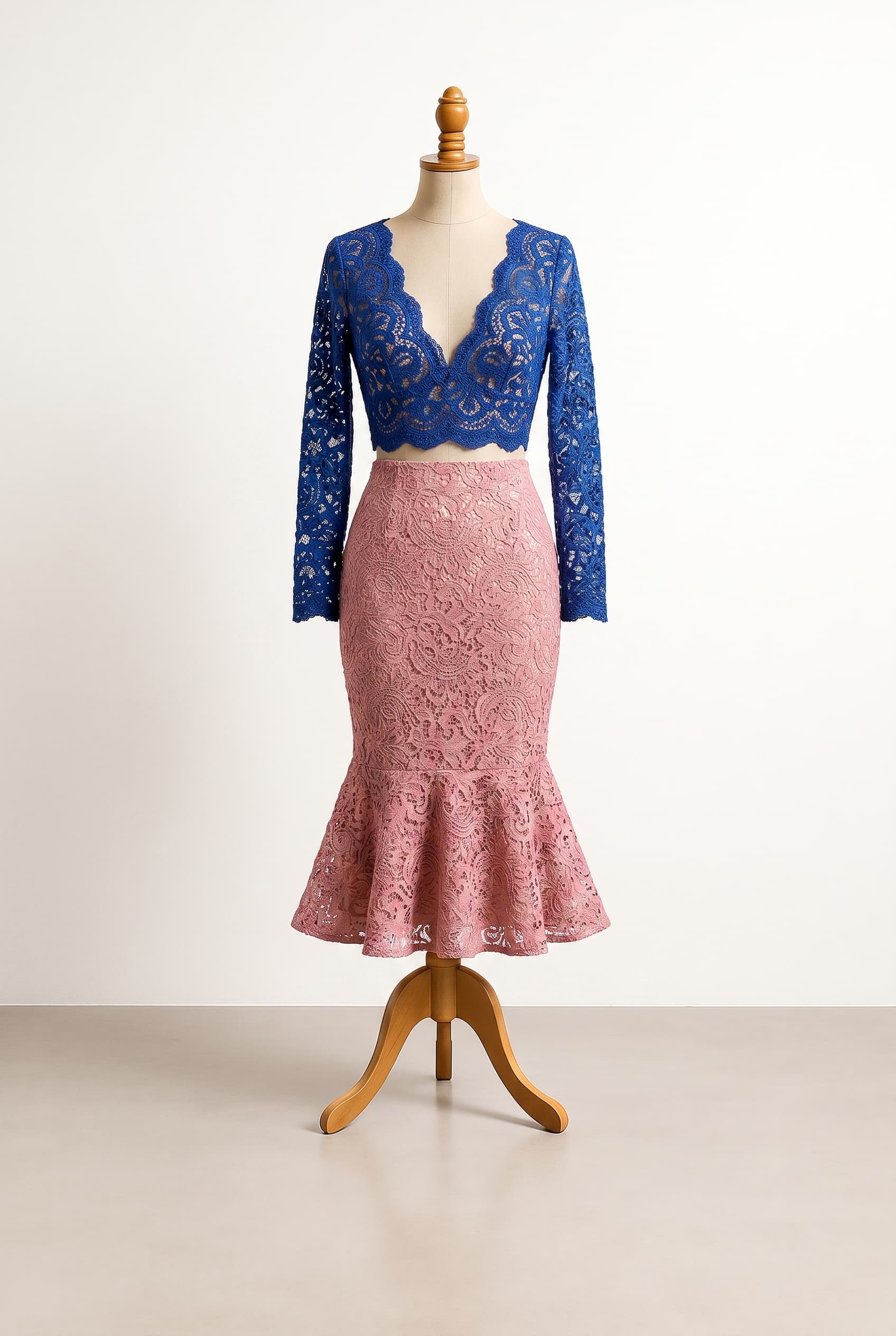 revealing pink knee length dress, blue crop top with long sleeves, high heels, Plunge - Deep dramatic V-neck, Mermaid - Fitted down to the knees, then flares dramatically, Lace - Intricate openwork patterns in various weights and designs