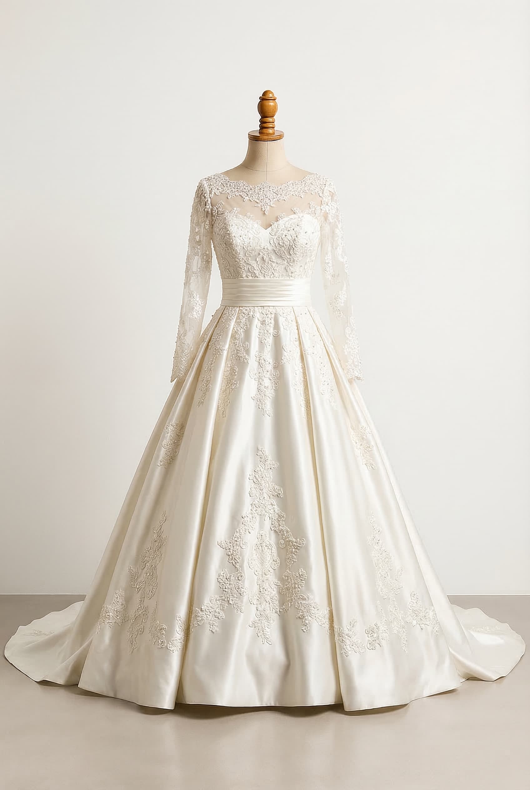 Ivory Duchess satin ballgown with a sweetheart bodice, ivory lace illusion bateau neckline, ivory lace sleeves, and ivory lace appliques adorned with faux pearl beads and sequins on the skirt, Cathedral - Long train (2-3 feet+)