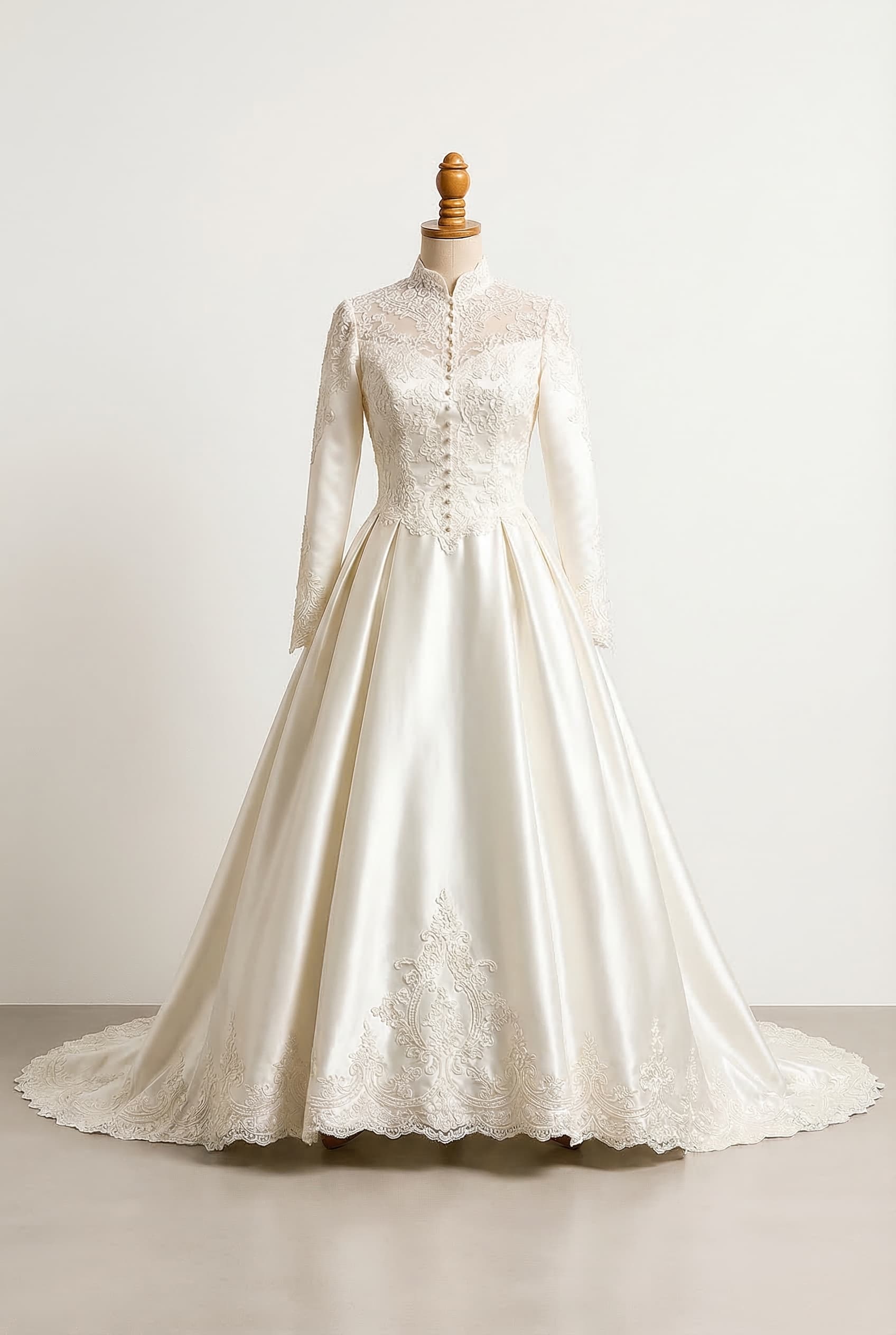 Modest style with full coverage, higher necklines, and sleeves. modest formal dress in ivory with a lace overlay on the bodice and embroidery on the skirt and train
