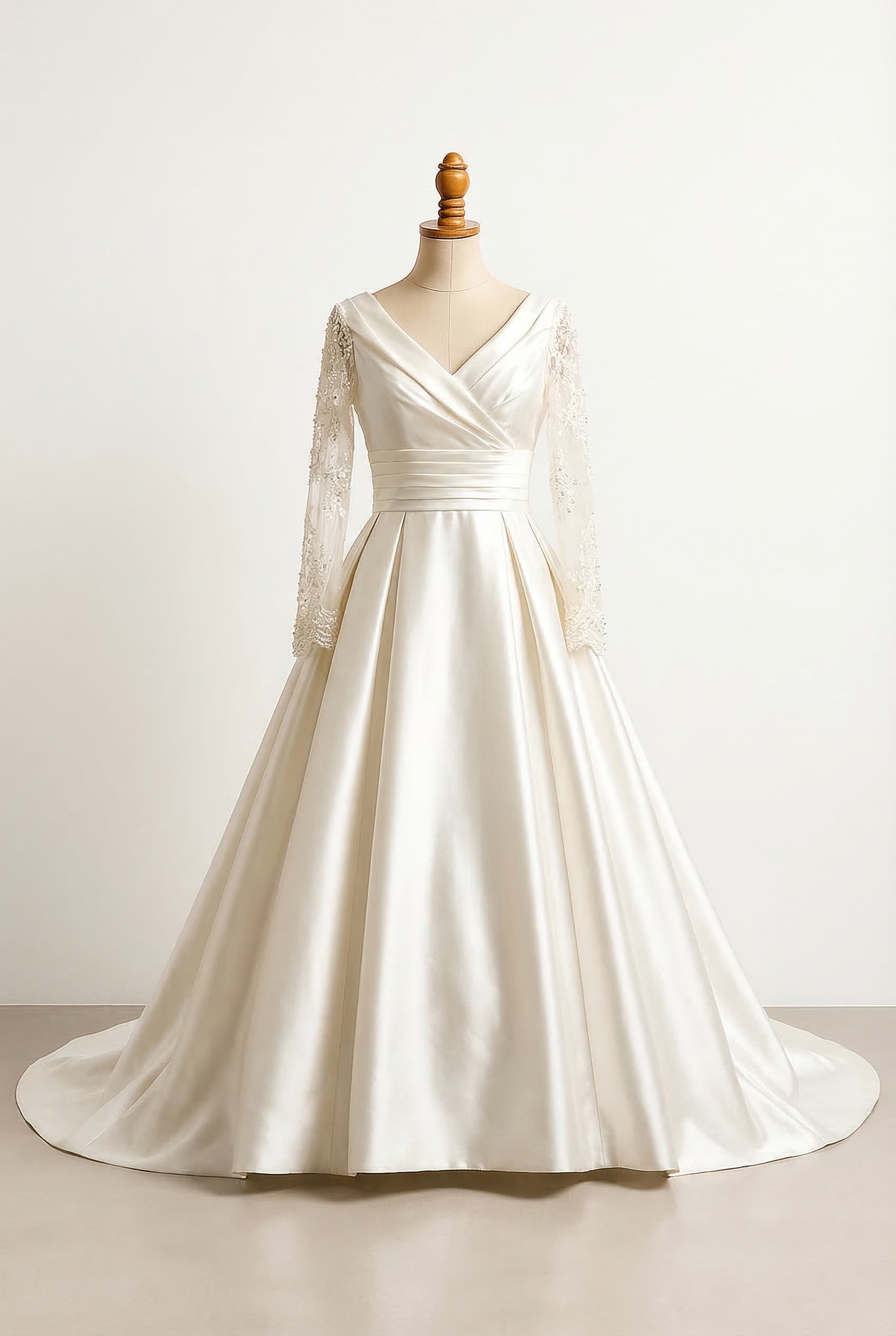 Ivory silk brocade ballgown with a folded portrait neckline made from plain ivory silk satin a pleated waistband made from plain ivory silk satin long sleeves made from sheer lace adorned with faux pearl beads and sequins and lace trim adorned with faux pearl beads and sequins