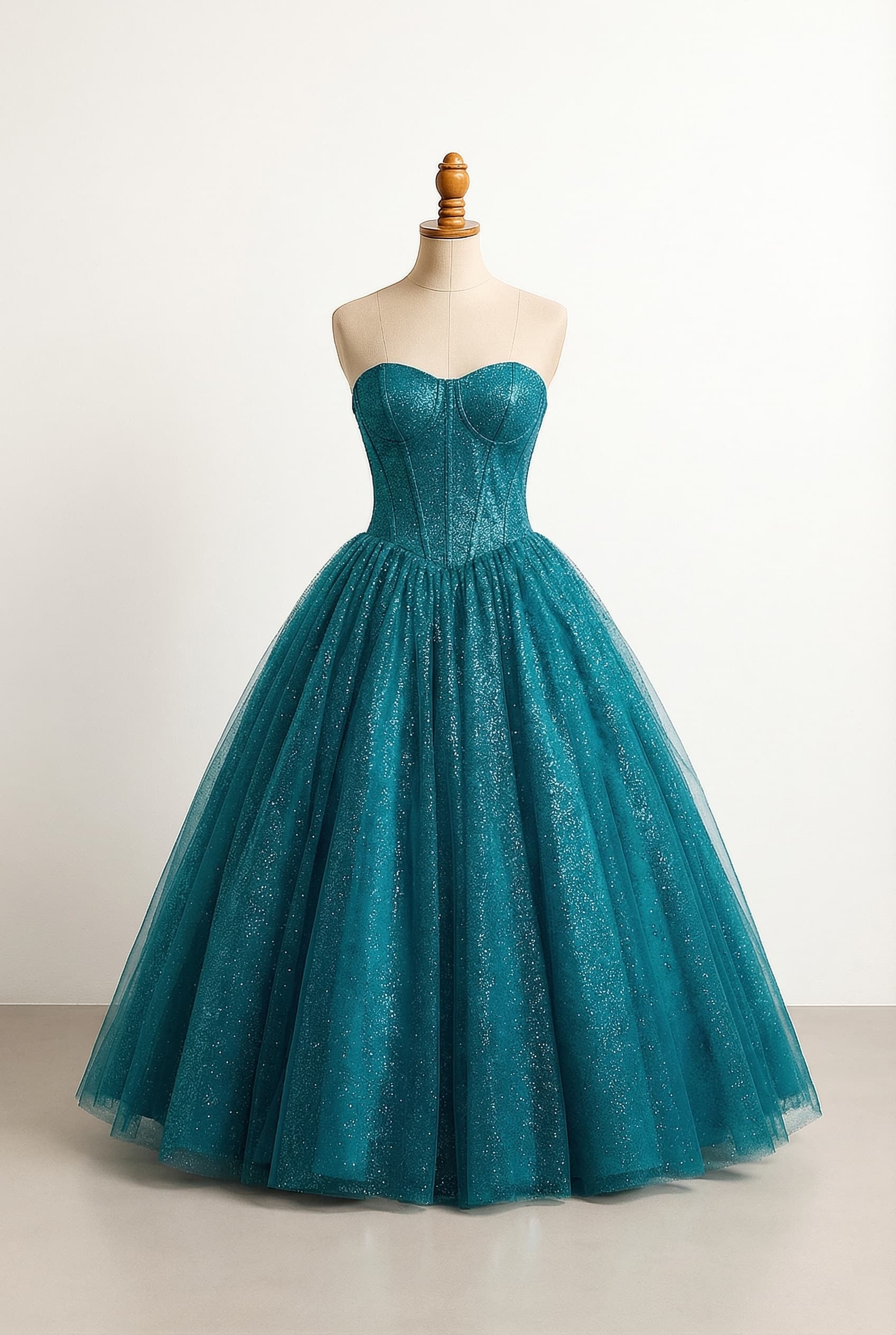 I want a balanced prom dress, a corset dress with no straps or sleeves the color is teal and glittery and from the hips down is poofy