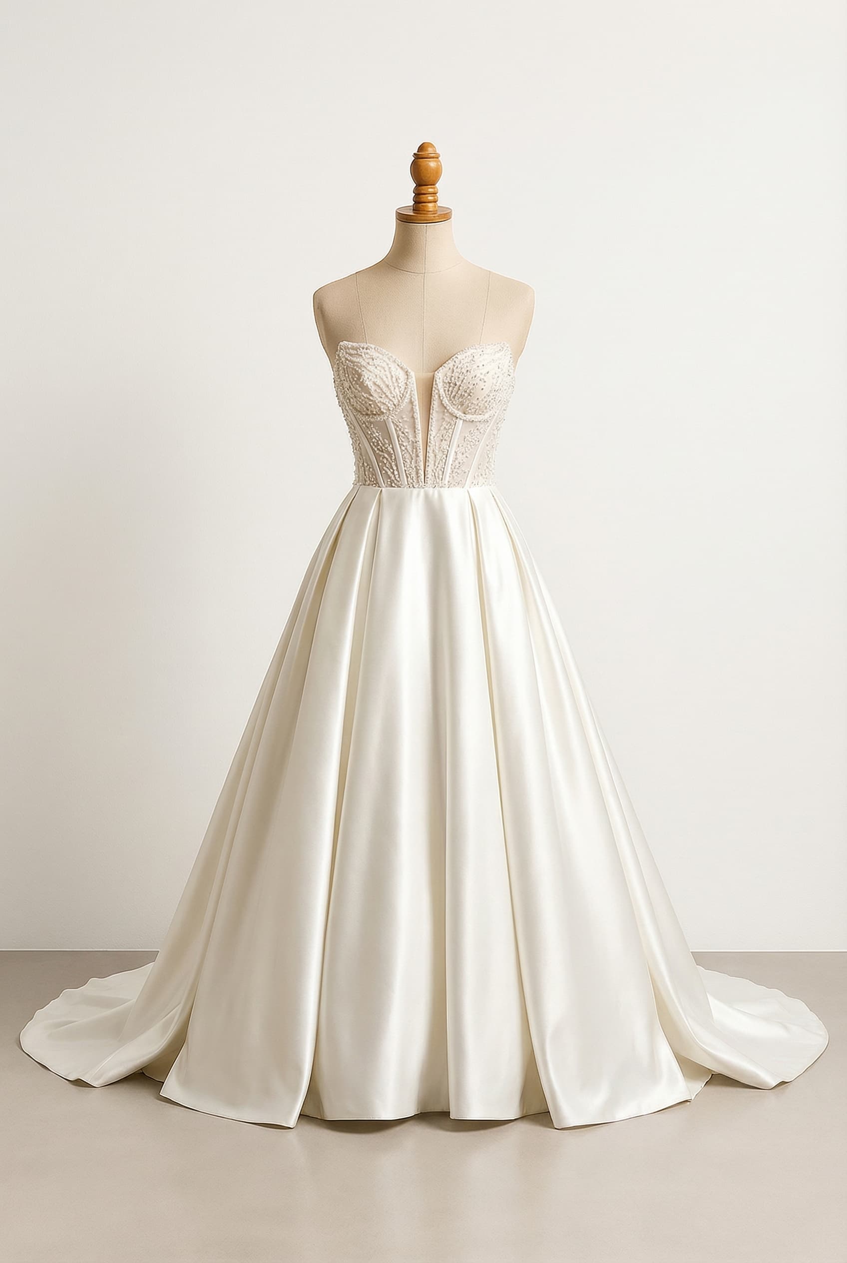 Ball gown with a structured intricately beaded corset bodice with a plunging sweetheart neckline and sheer illusion panel flowing into a full voluminous satin skirt with soft pleats and a sweeping train sleeveless and strapless