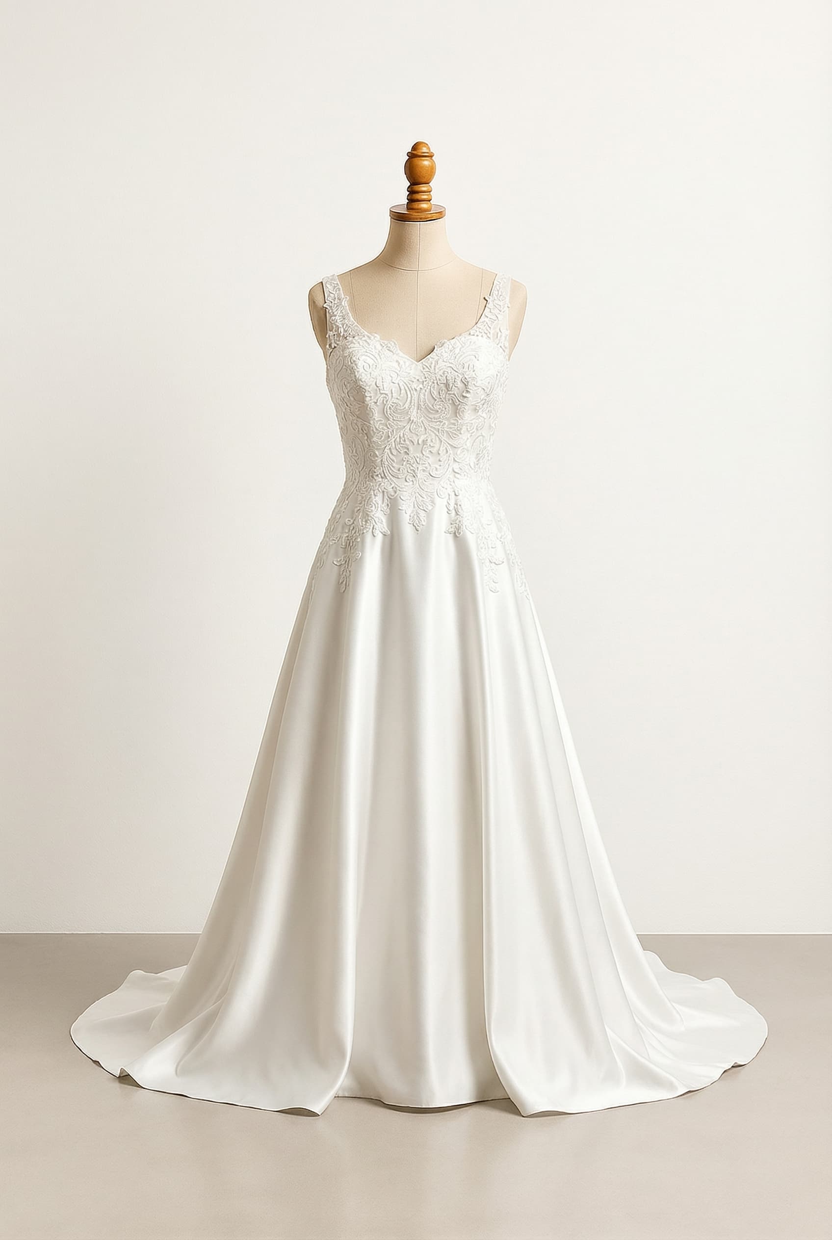 A balanced wedding dress with a sweetheart neckline and a chapel-length A-line silhouette in Duchess Satin, featuring an elegant lace appliqué bodice.