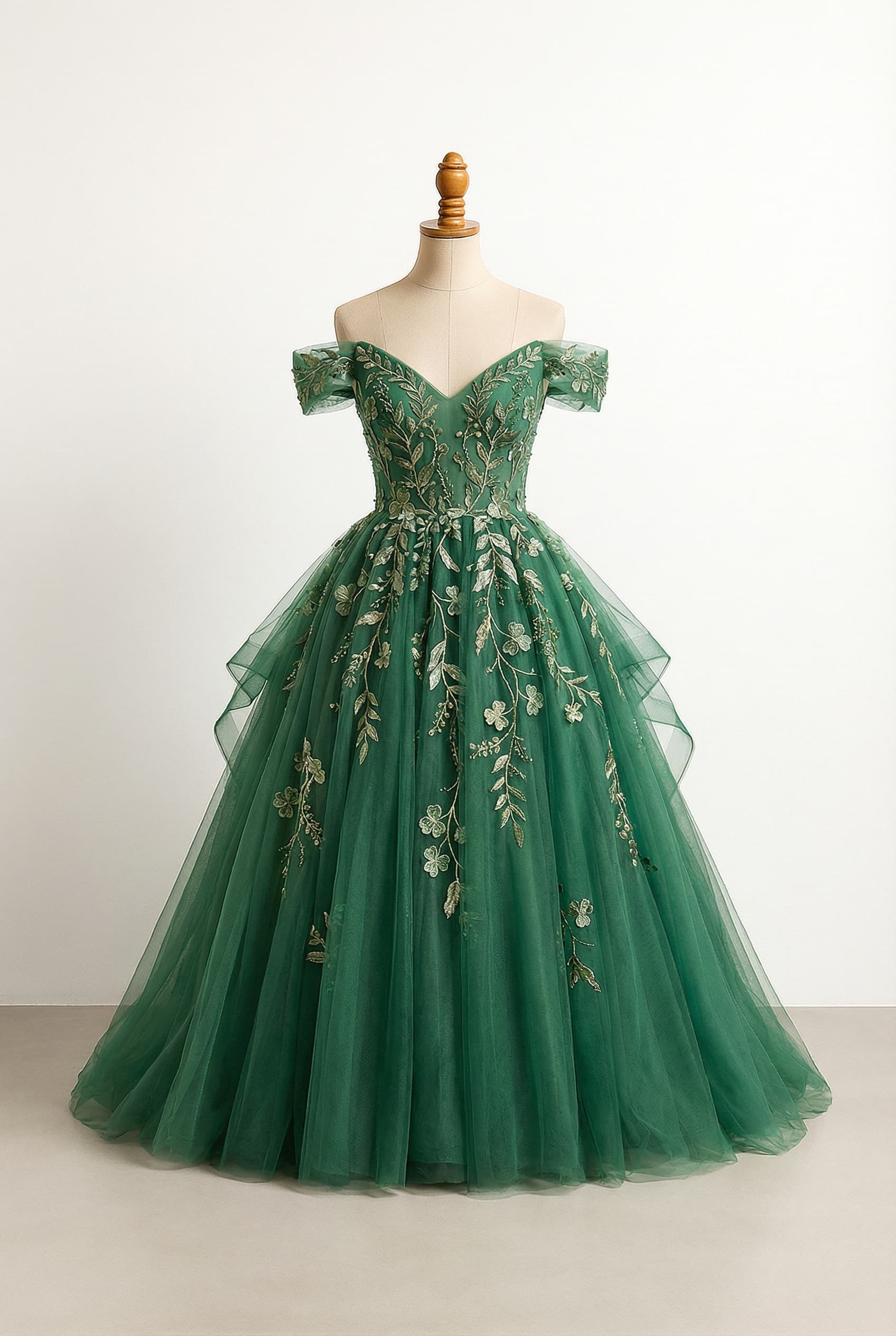 I want a balanced prom dress forest themed shamrock green with sage green and gold details with a V-neckline with a tailcoat and flowy sleeves