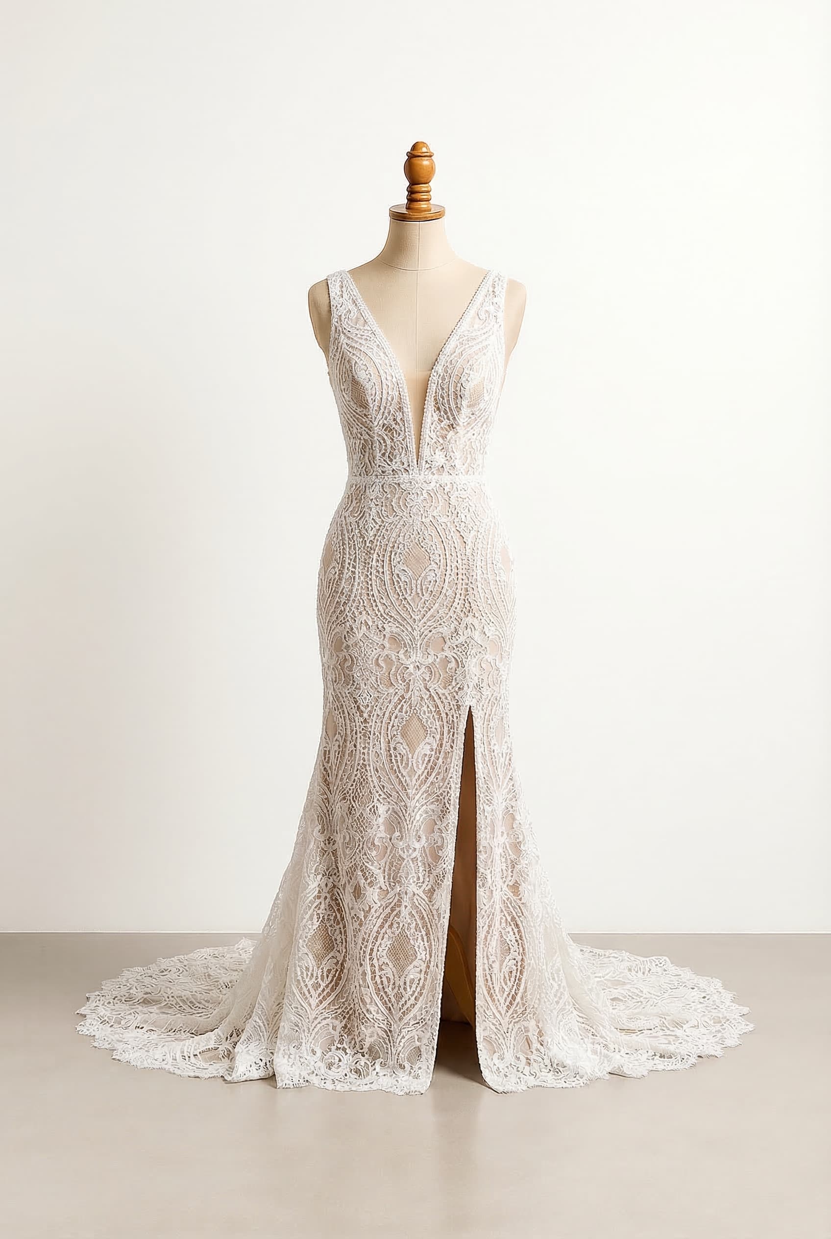 I want a revealing wedding dress with a slit and a cathedral train V-neck - Classic plunging neckline Lace