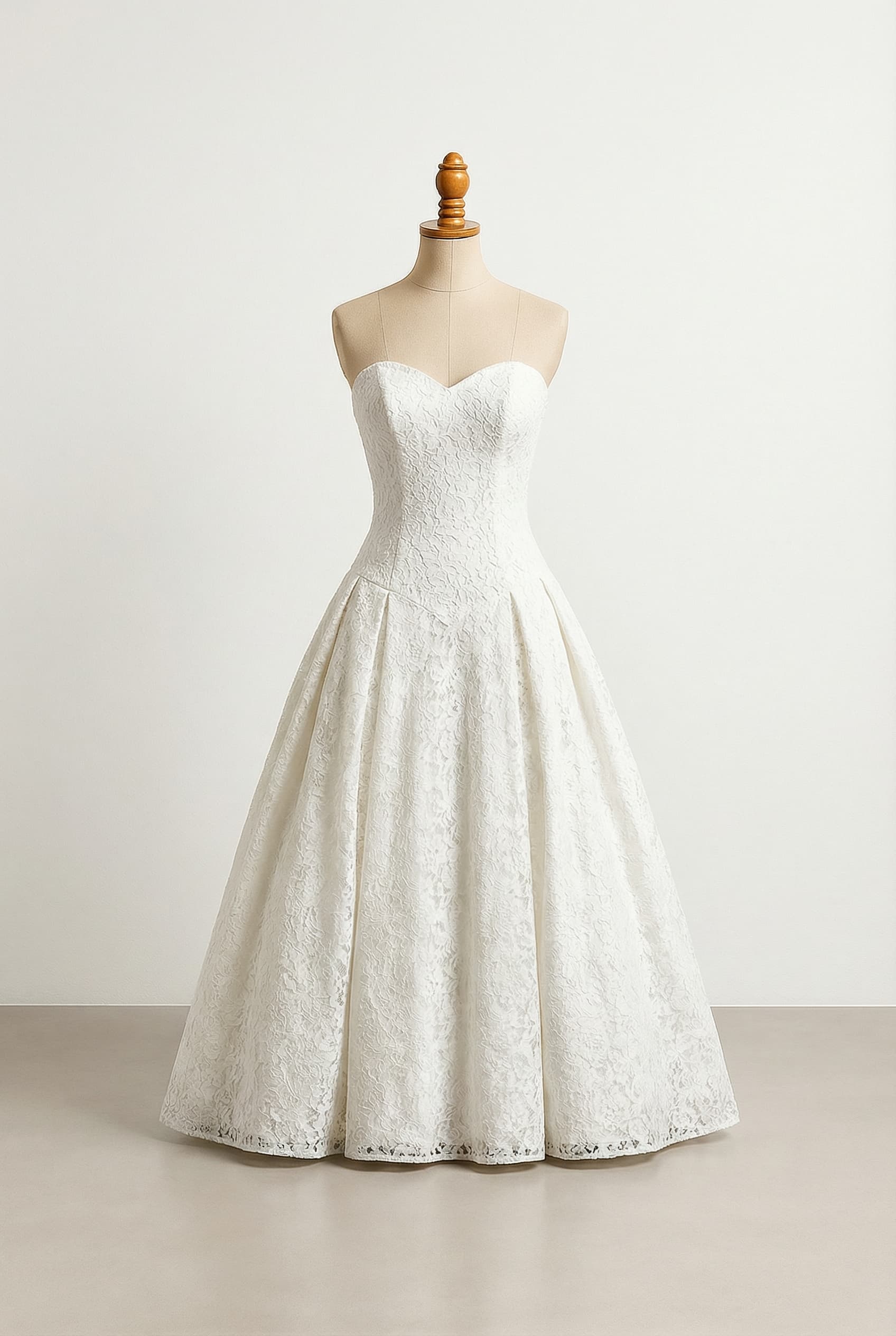 Wedding dress with a sweetheart neckline, chantilly lace, and a basque waistline, with folds from the hips on each side.
