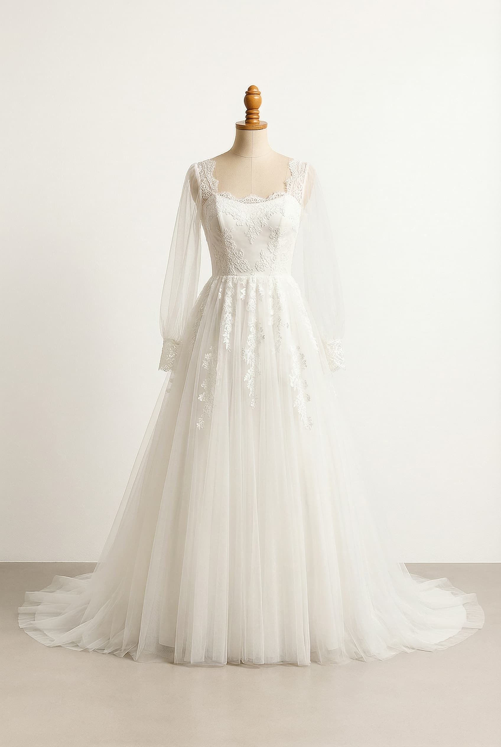 I want a balanced wedding dress with a natural waistline bishop sleeves and a square neckline with Chantilly lace accents and a ball gown silhouette chapel train with a belt with 3D flower accents at the waist