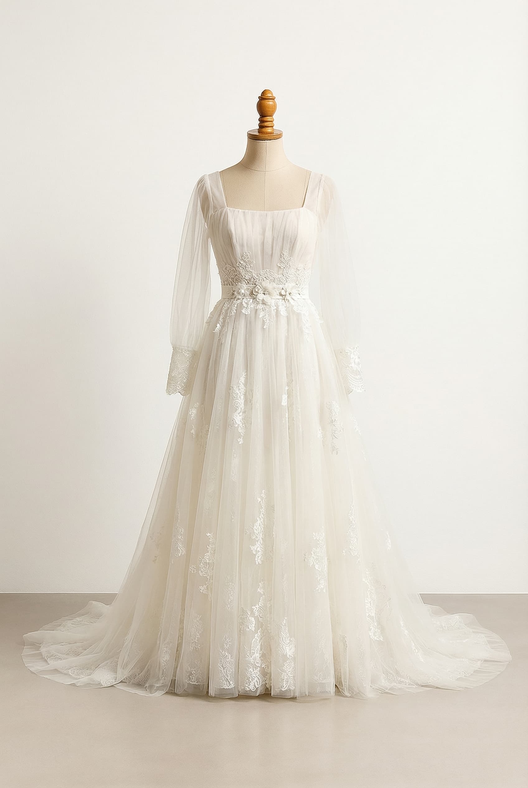 Ball gown silhouette with a natural waist accentuated by a belt with 3D floral accents square neckline bishop sleeves and Chantilly lace accents in soft ivory tulle