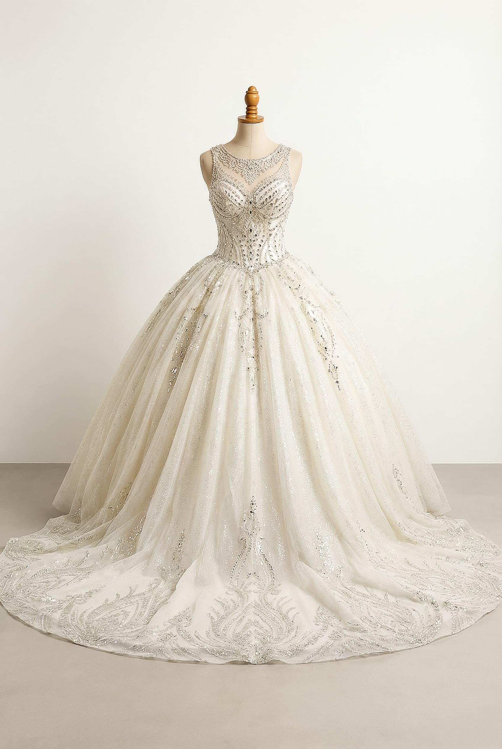 I want a balanced quinceañera dress. I want a long train. I want it to be big and poofy. I want if to be glittery at the bottom half but, for the top I want it to have gems/rhinestones. And the train should have a unique design with glitter