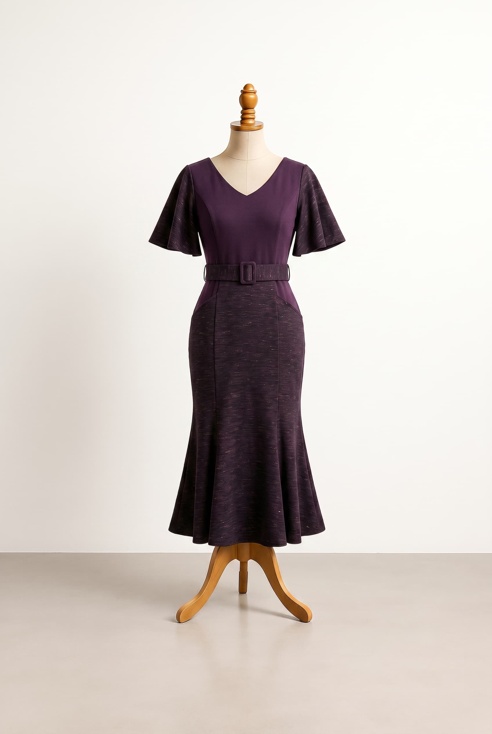 I want a balanced dress with long sleeves, a mid length skirt, belt, pockets, a mid v neckline, made of soft breathable cotton blend with subtle gold metallic thread woven throughout in dark purple and black with gold accents, in a Mermaid silhouette - Fitted down to the knees, then flares dramatically. The entire bodice is designed in dark purple.