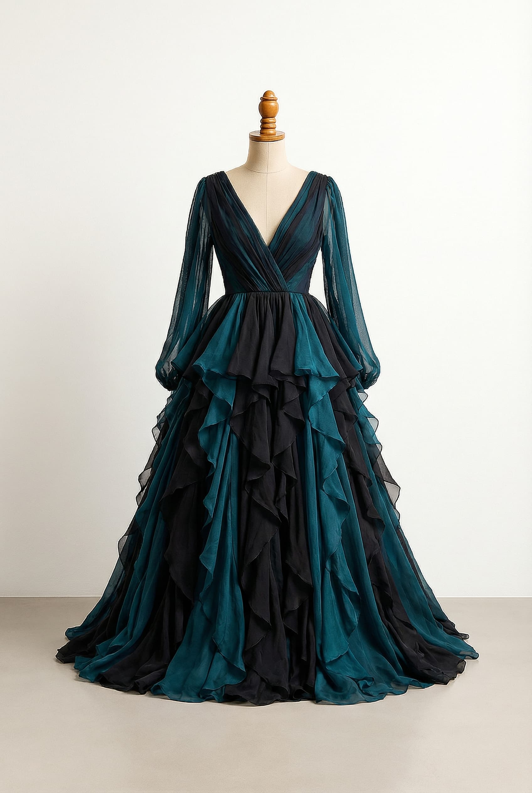 A romantic wedding dress, a floor-length ball gown with long sleeves and a V-neck, featuring an exquisite black and teal lace and beaded bodice, and a magnificent ruffled chiffon skirt with a dynamic mix of black and teal ruffles.