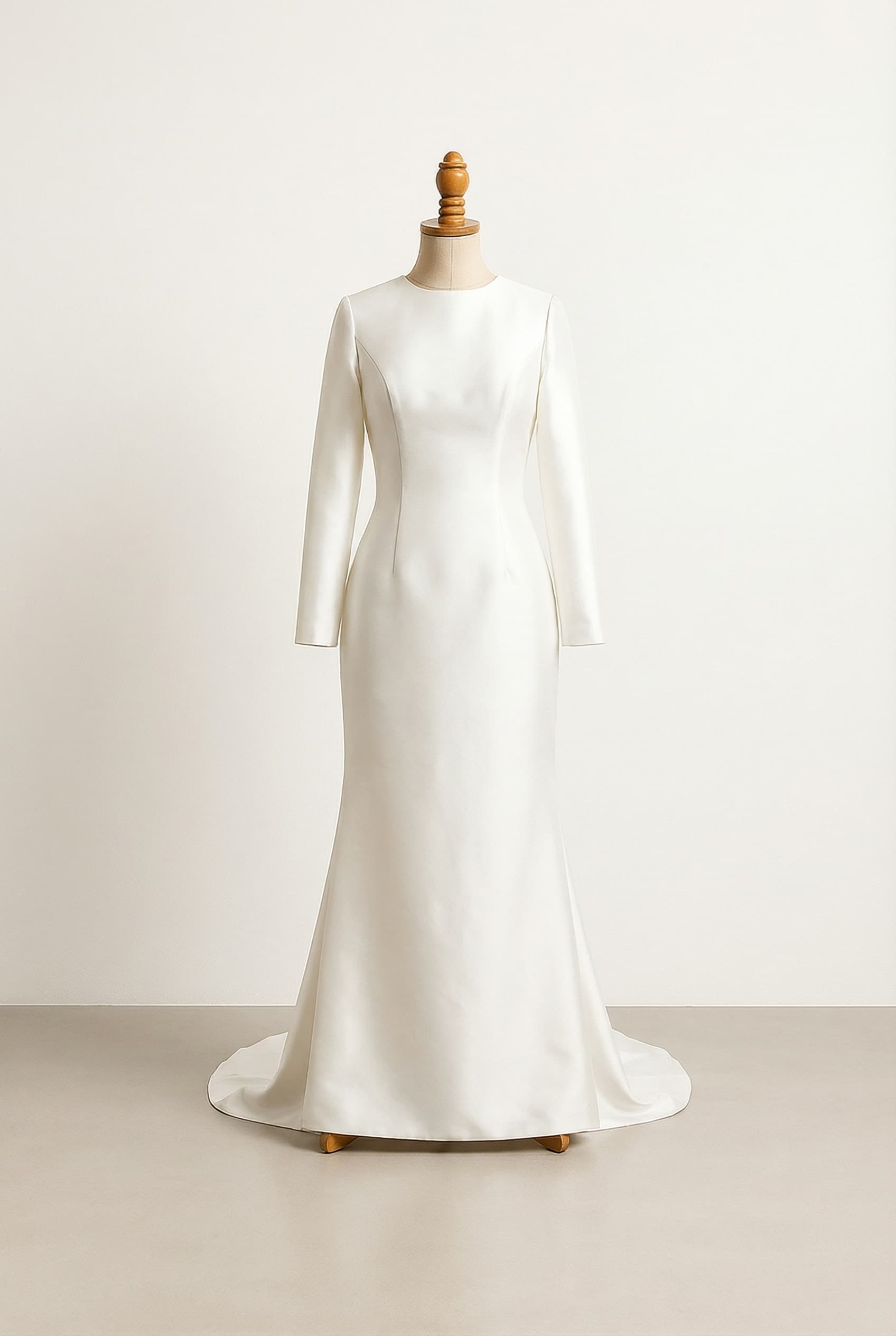 Modest style with full coverage, higher necklines, and sleeves. Modest wedding dress, floor length, chapel train, long sleeves