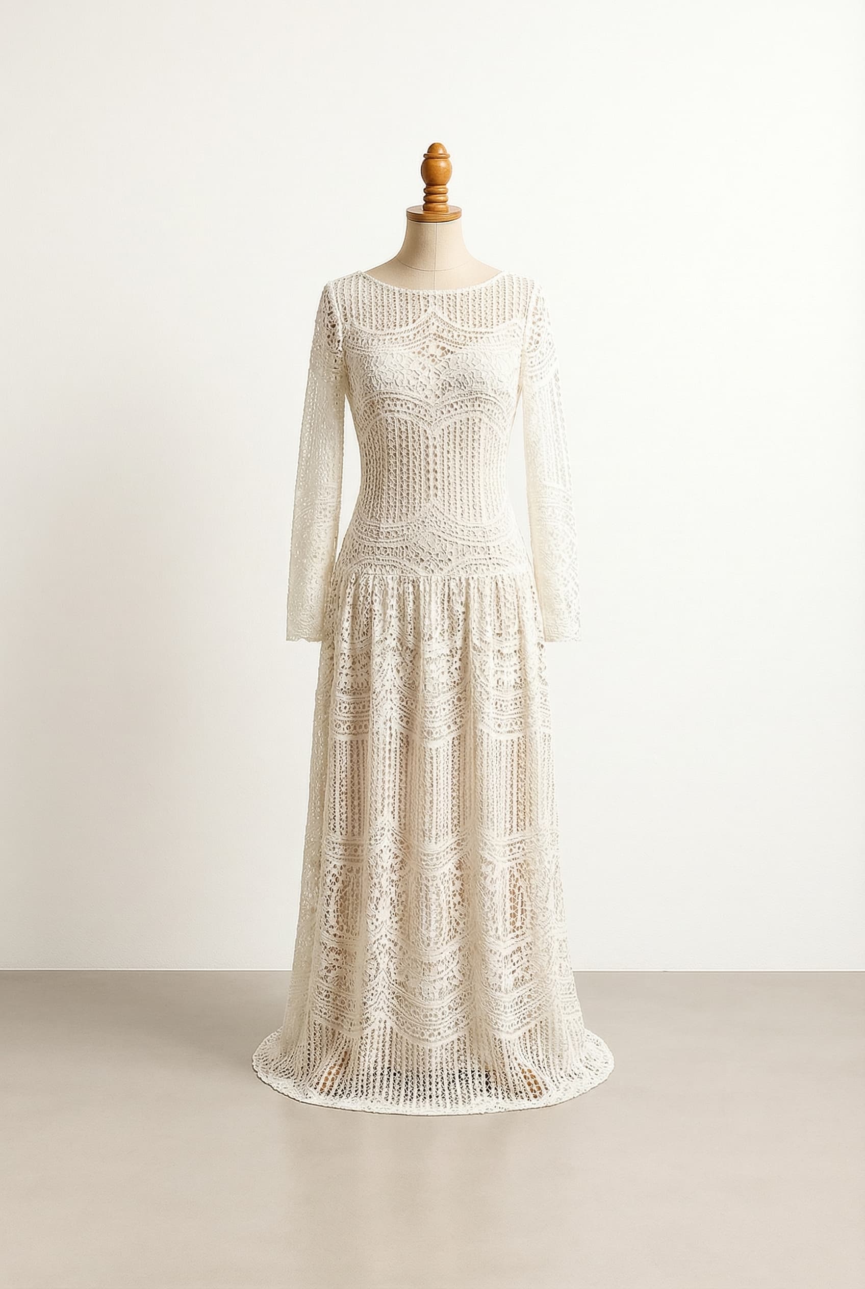Sabrina neckline full fitted sleeves Ivory Lace - Intricate openwork patterns in various weights and designs