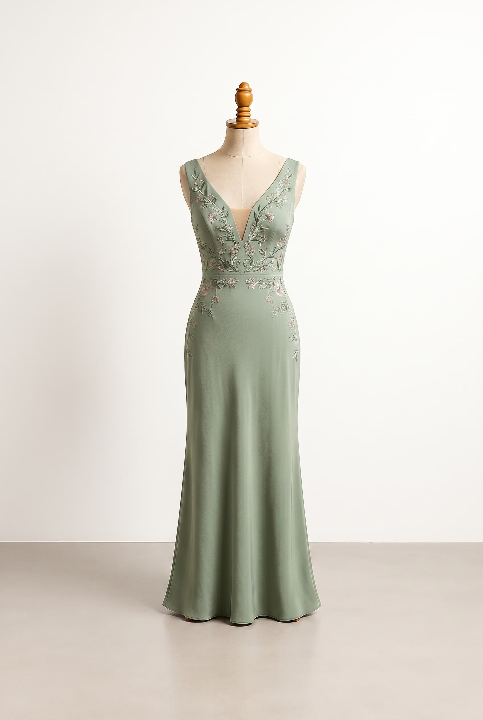 A balanced prom dress with a modern yet medieval aesthetic in sage green with green and pink tones, featuring plant-inspired details, a slightly low V-shaped neckline, and a voluminous ball gown silhouette.