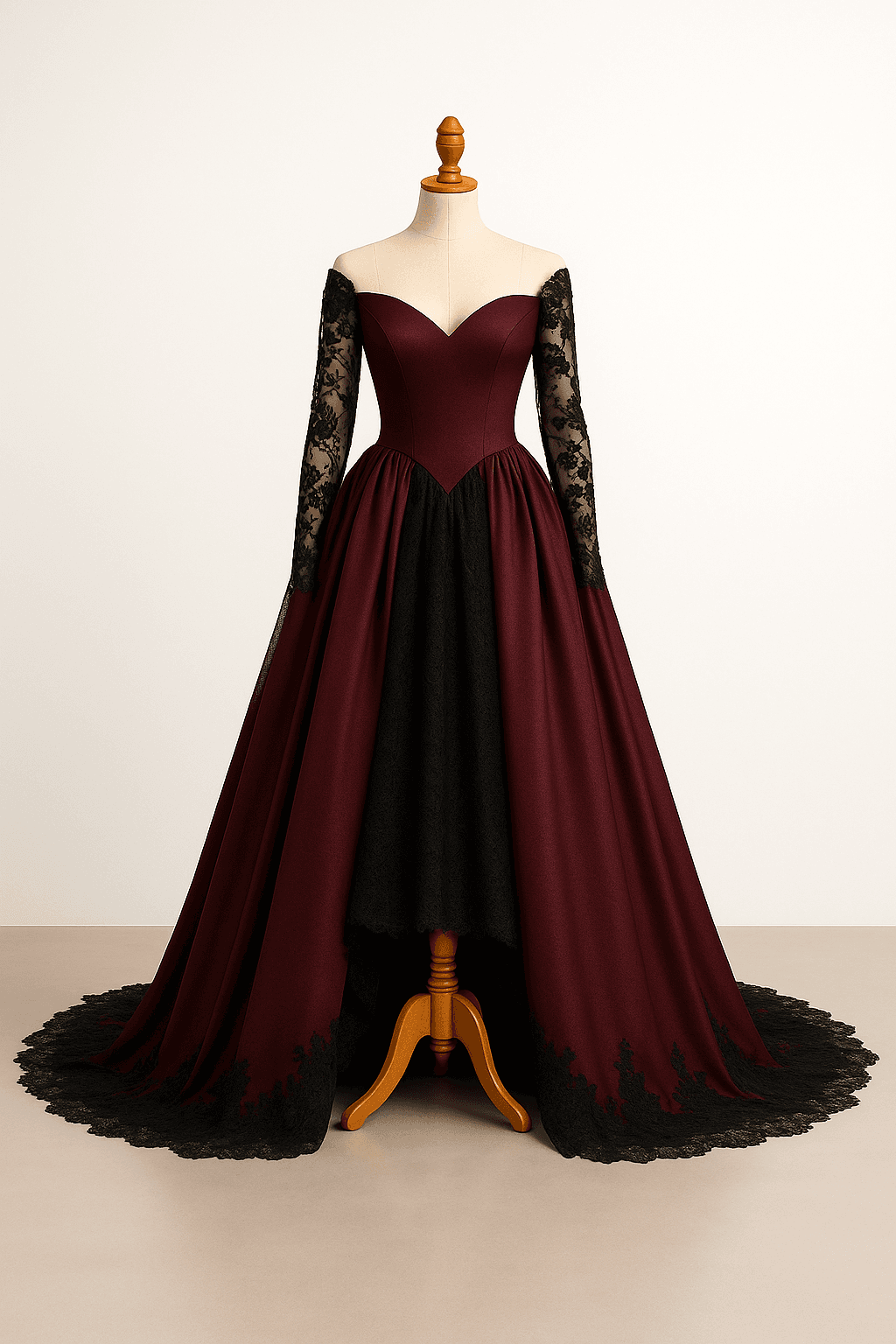 Burgundy, floor length wedding dress with black layer exposed under burgundy exterior, mesh sleeves with black lace flowers up the sleeves. Off the shoulder and sweetheart neckline