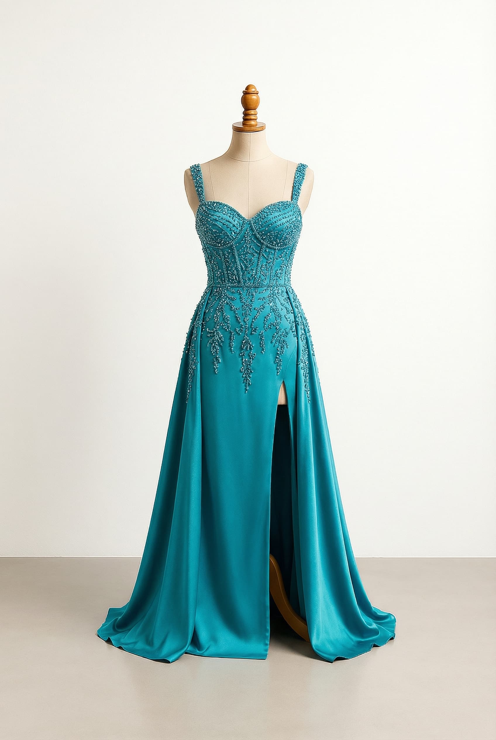 Glamorous vivid Caribbean turquoise prom dress with dazzling, noticeable beaded designs all across the dress, a lace-up corset back, and a thigh-high slit.