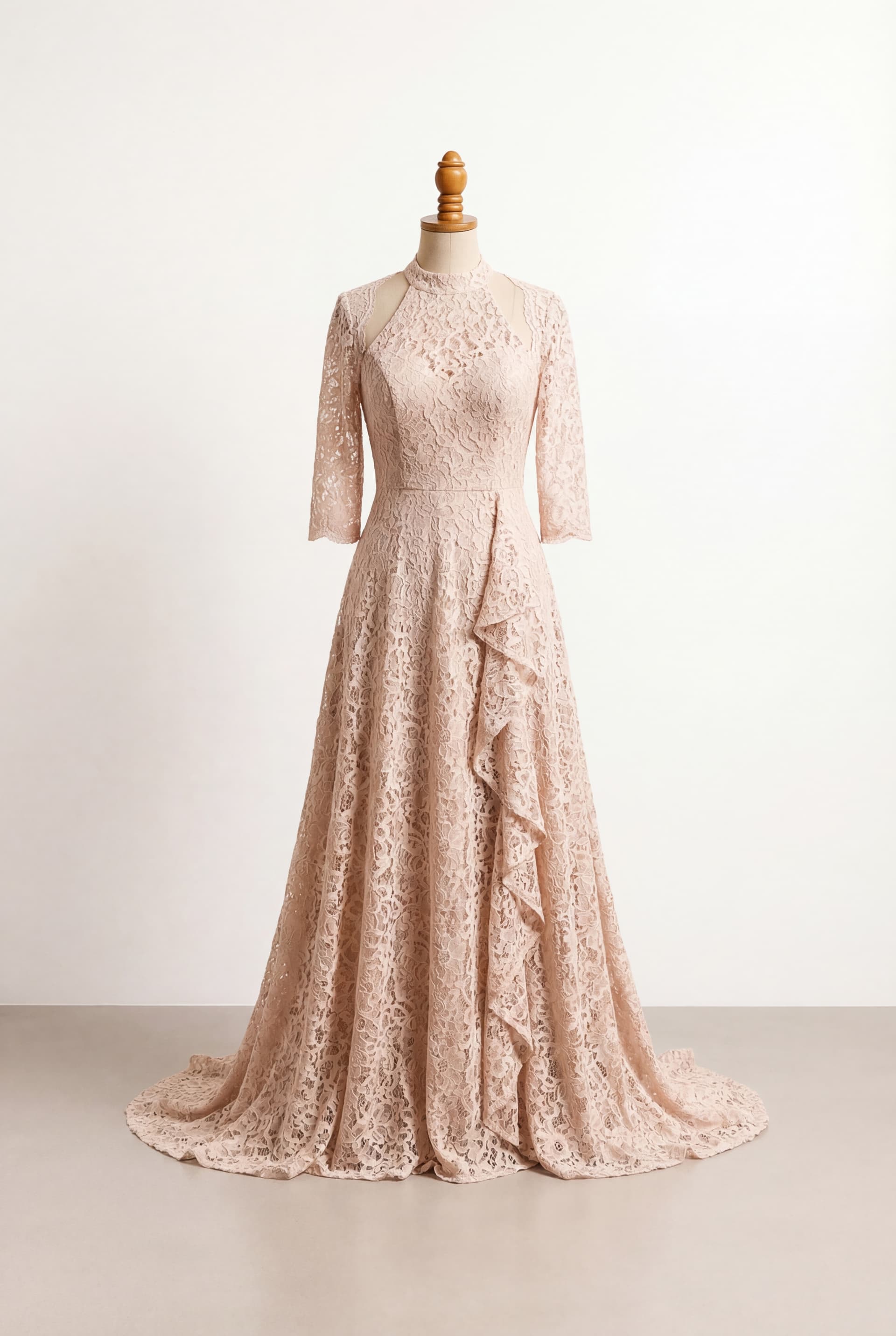 I want a balanced formal dress with a halter neckline and a more fitted skirt with modest vertical ruffles on the left side of the skirt, sleeveless, with a shiny fabric similar to silk but not silk, and the skirt should maintain modest ruffles but be more fitted, without folding, and be either sky blue or pastel lilac but shiny. The top part of the dress should be fitted.