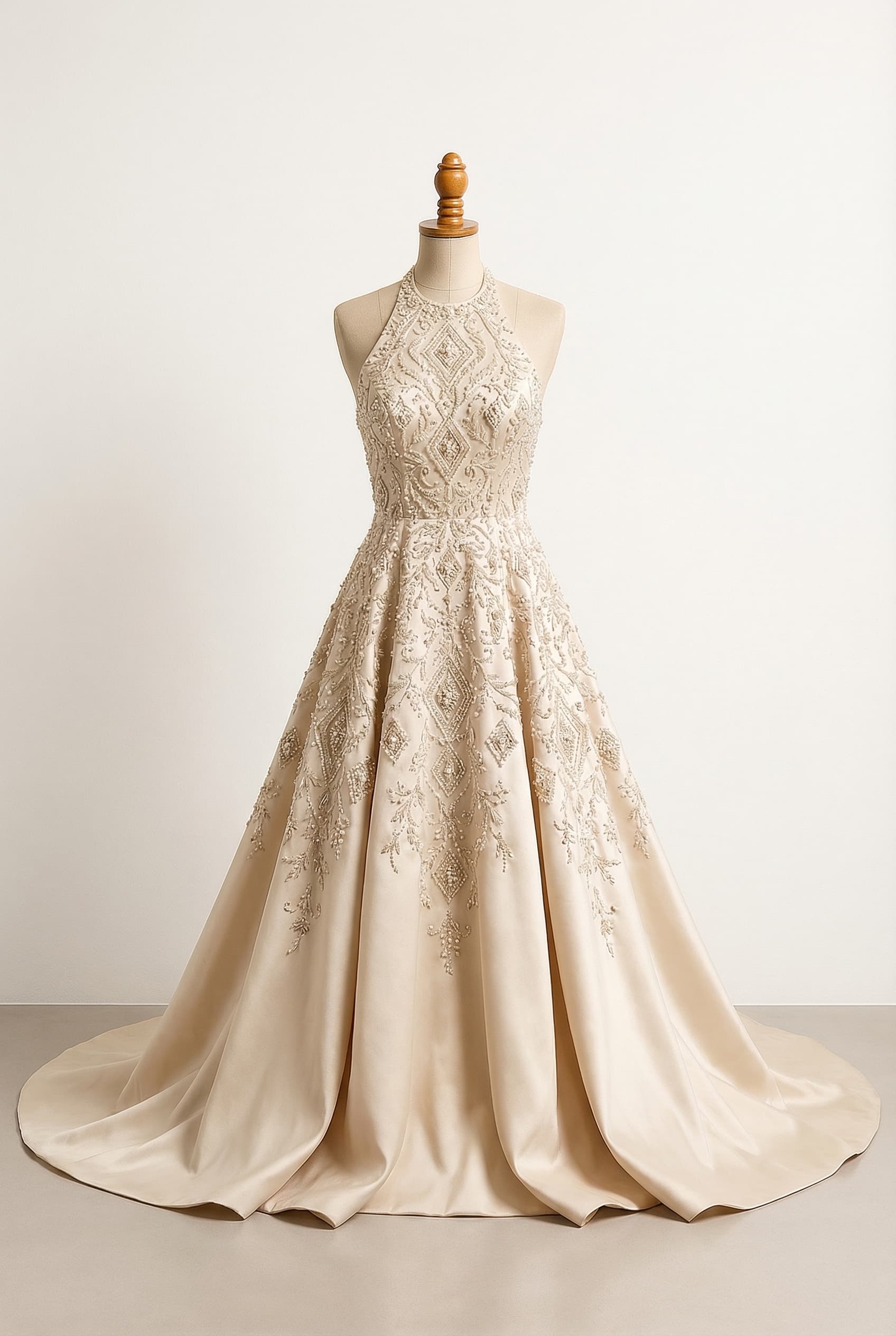 I want a balanced wedding dress in champagne color with diamonds, Royal - Very long, dramatic train