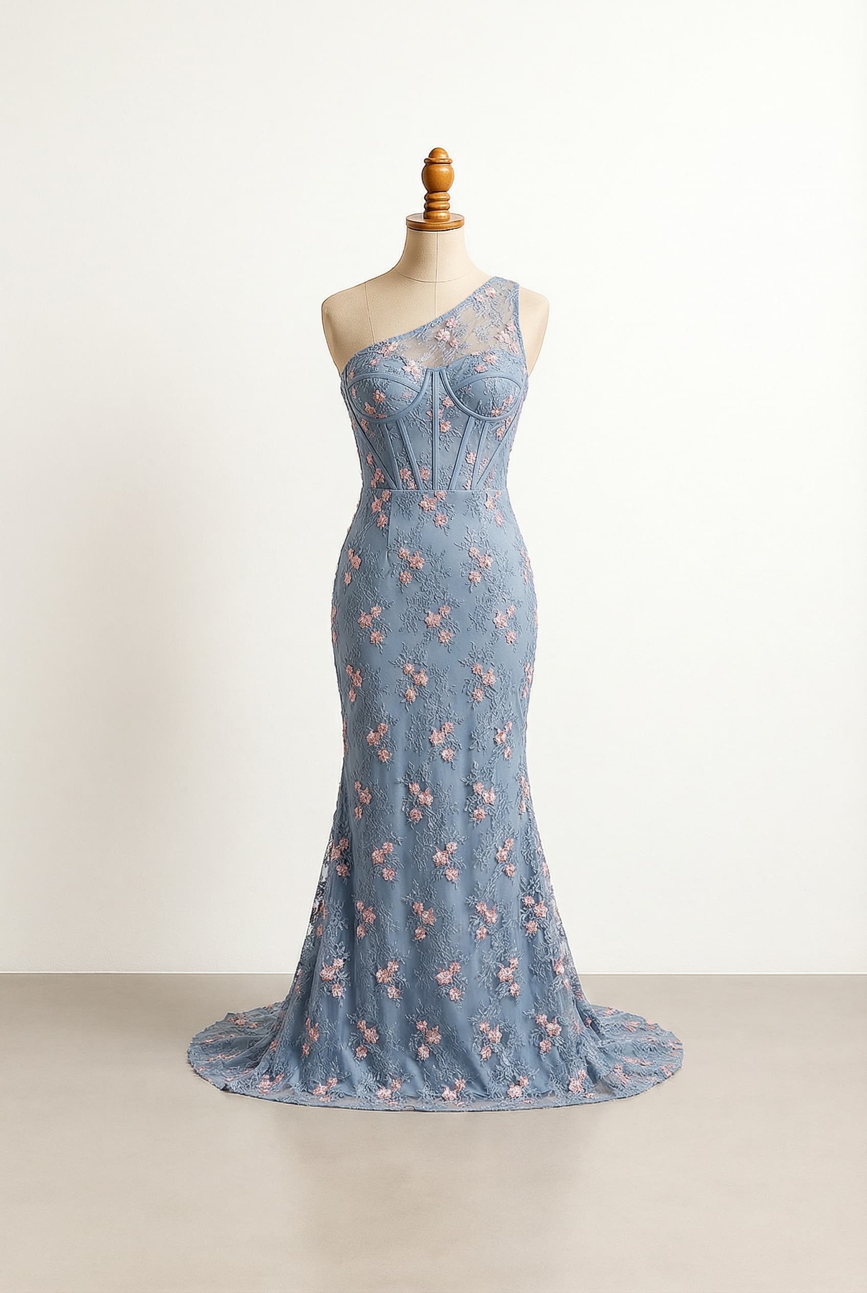 I want a balanced formal dress. Timeless elegance and a bit of glamour. Dusty blue. One shoulder. Fitted bodice with boning. Lace overlay with pink flowers.