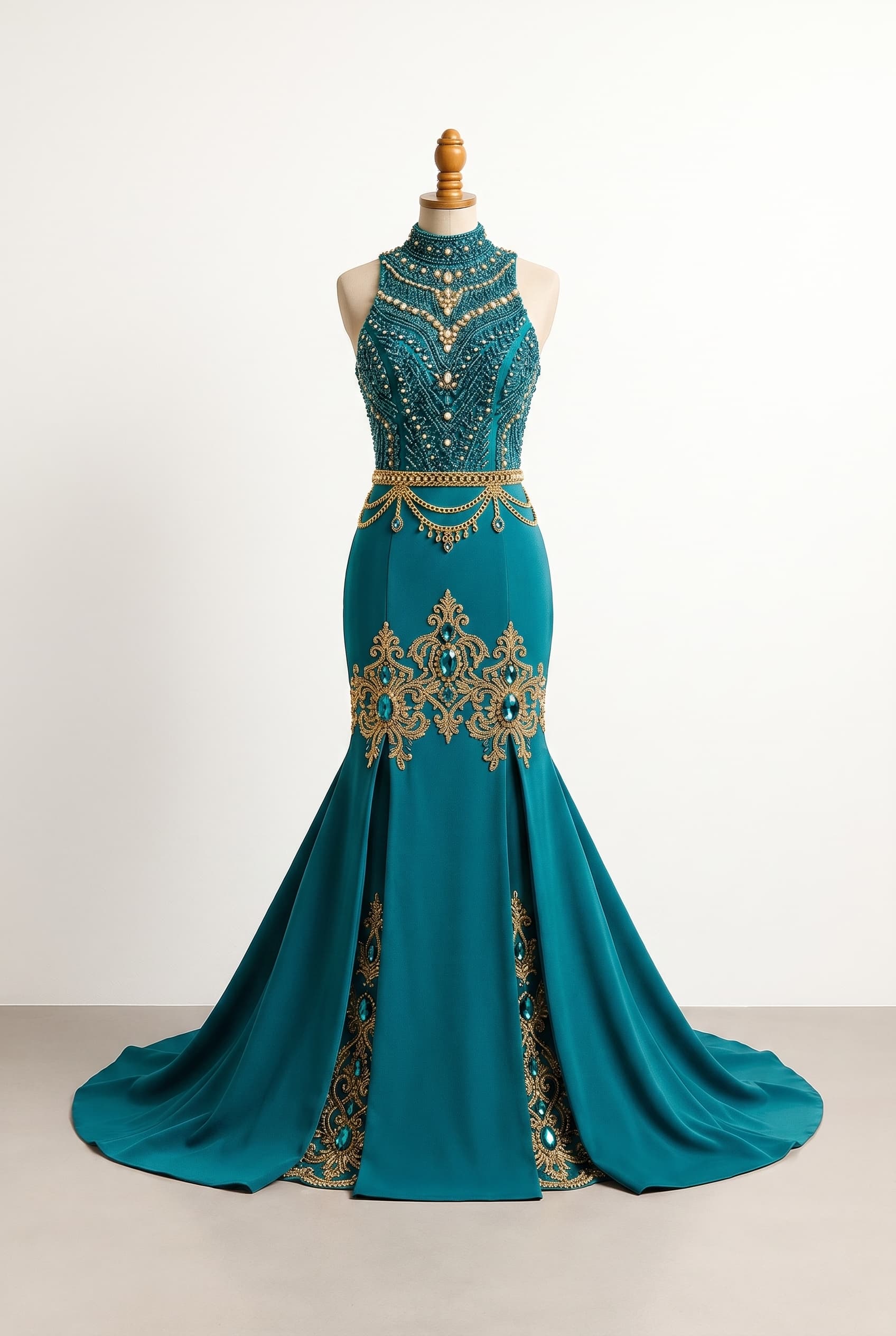 Balanced prom dress, teal mermaid silhouette with a high slit on the left side, featuring a more dramatic flare towards the bottom, adorned with beaded embroidery jewels, accented with gold accessories, featuring long sleeves and a V-neckline, fitted bodice