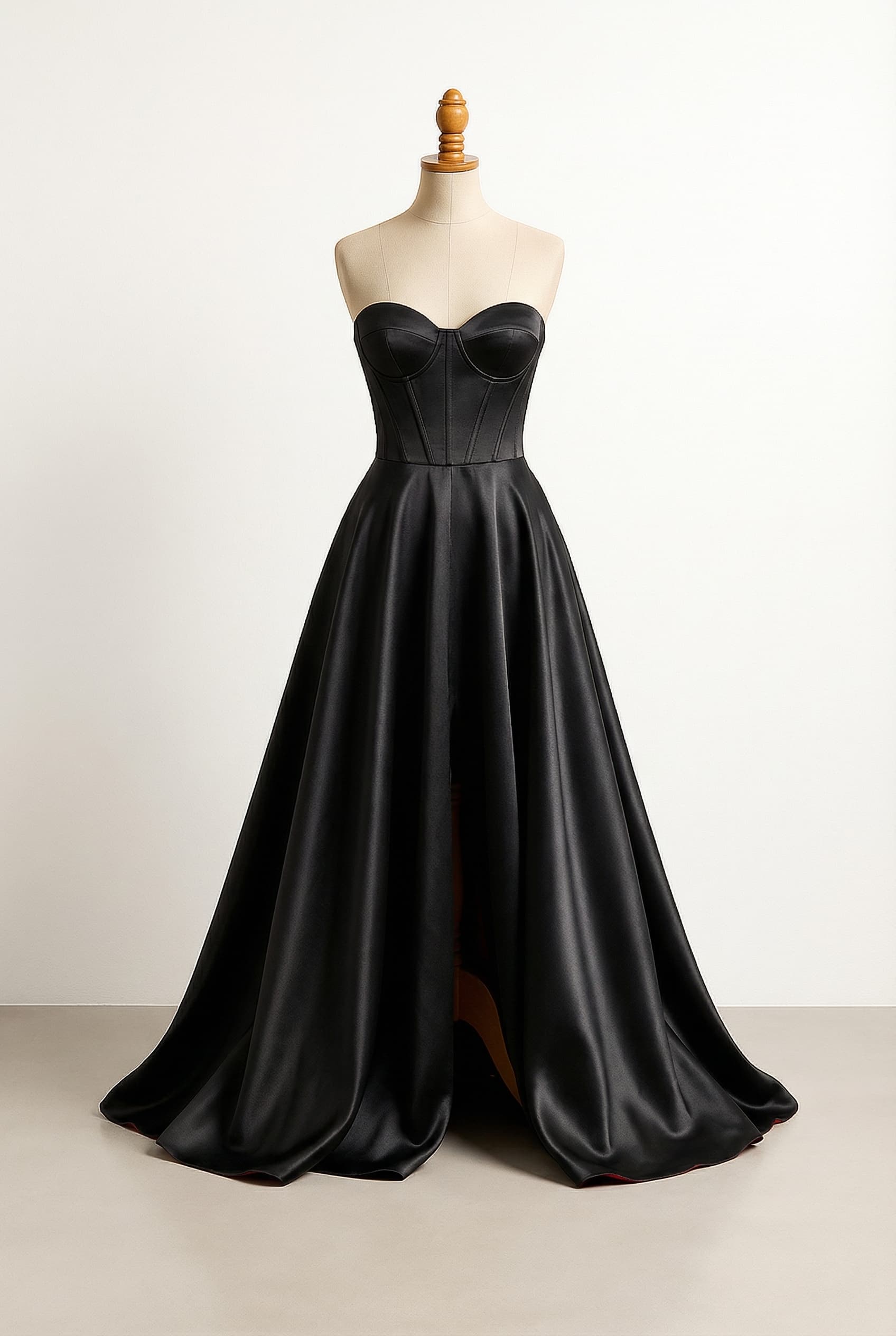 Black dress with a corset at the top and widening at the bottom. Open leg with red visible when walking, larger side cutout on the leg.