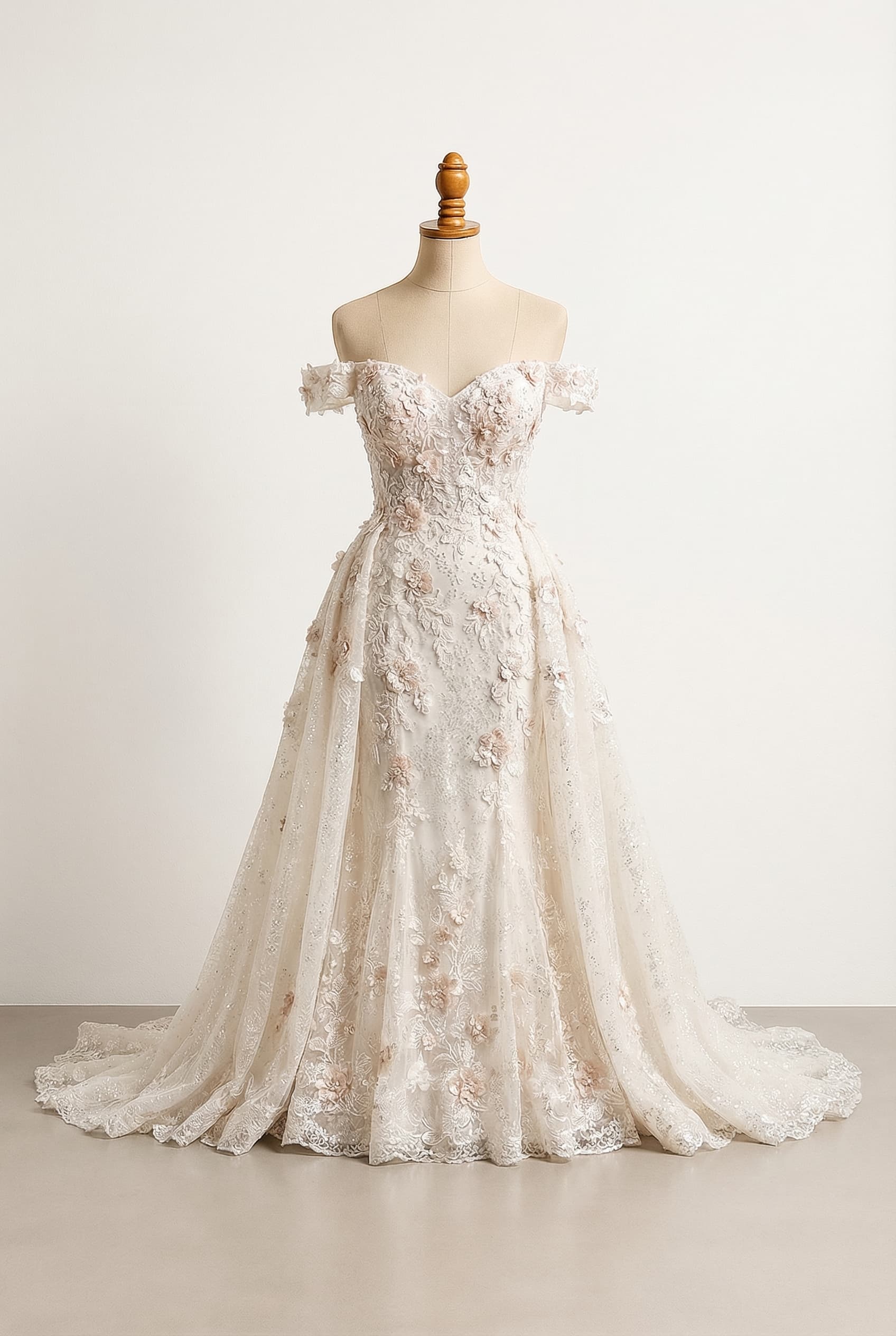 I want a balanced wedding dress. I want the dress to be off white with blush floral appliqué lots of sparkle fit n flare with a detachable shirt a sweatheart neckline a lowback and off the shoulder sleeves.