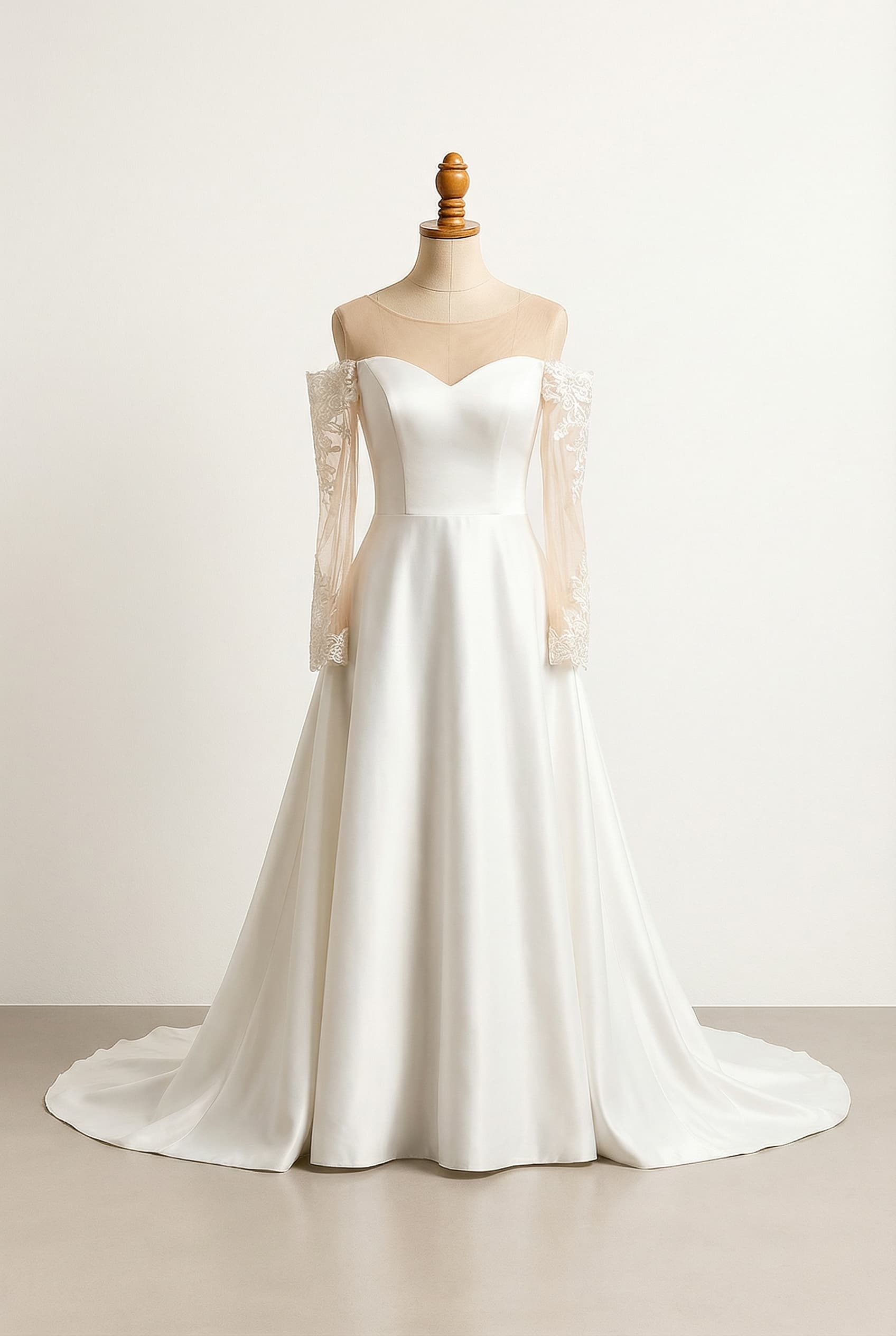 I want a balanced wedding dress; preset_type: Wedding; modestyPreference: balanced; neckline: Sweetheart; sleeve: Off–Shoulder; fabric: Satin, Mesh; color: White, Nude; silhouette: Sheath, A-Line; length: Royal