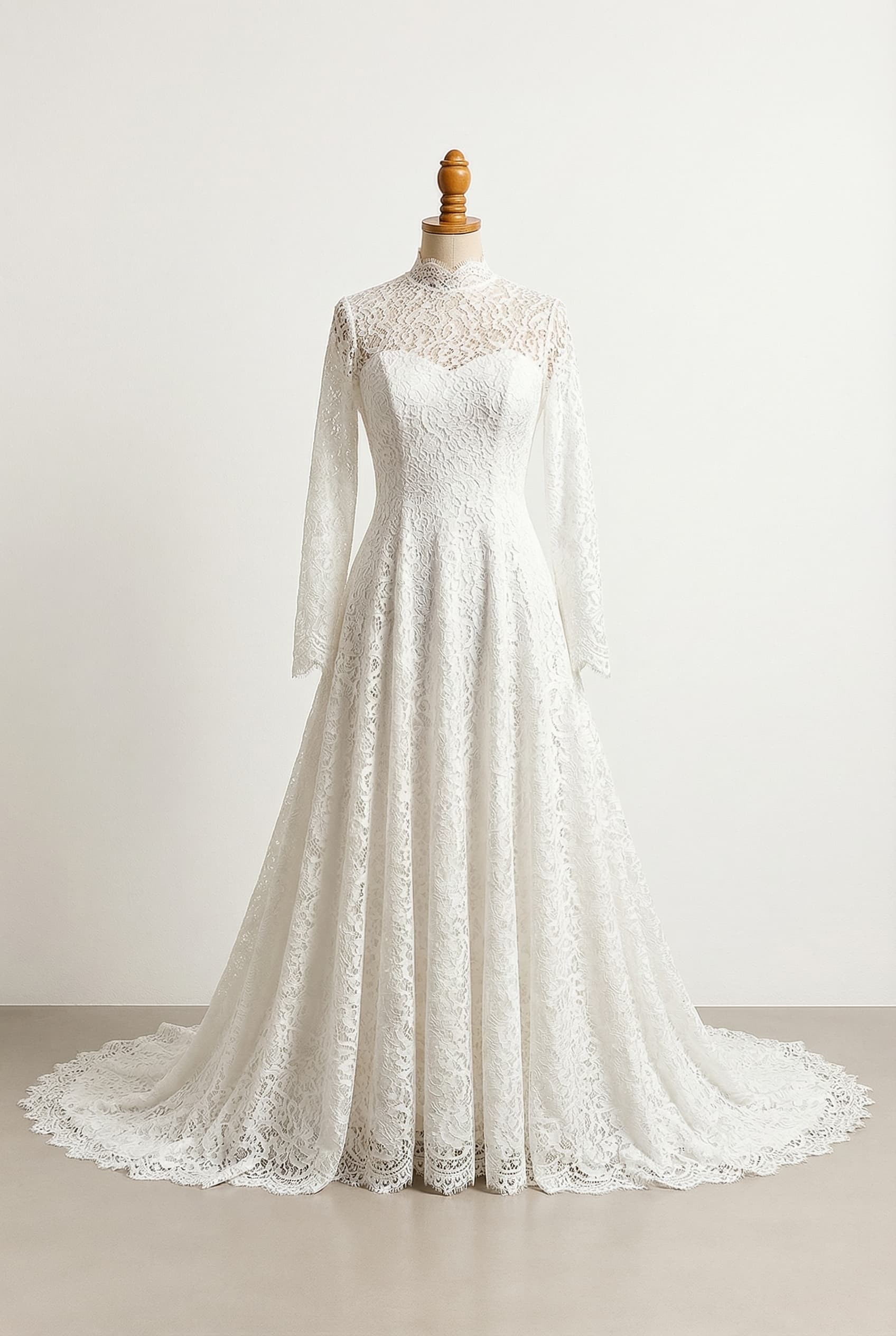 A white wedding dress, full lace, modest coverage but not covering the neck, long sleeves with scalloped lace, a line and not over the top, romantic
