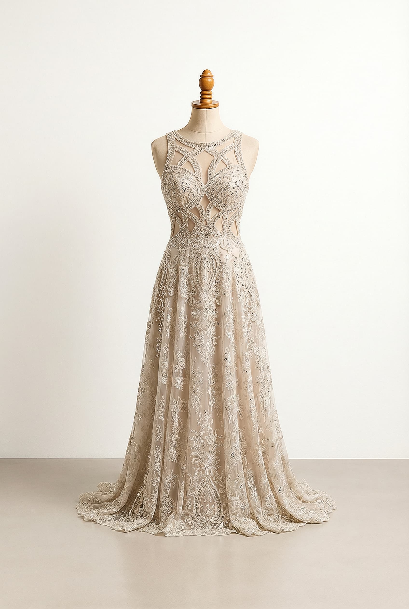 bodice with cut out parts that are decorated in lace, rhinestones, or sequins stitched in an elegant and sexy way that draws attention. Have as much detail in the rest of the dress as the bodice. Nothing subtle and everything dramatic, bold, and sexy. The skirt should look custom made not off a factory line