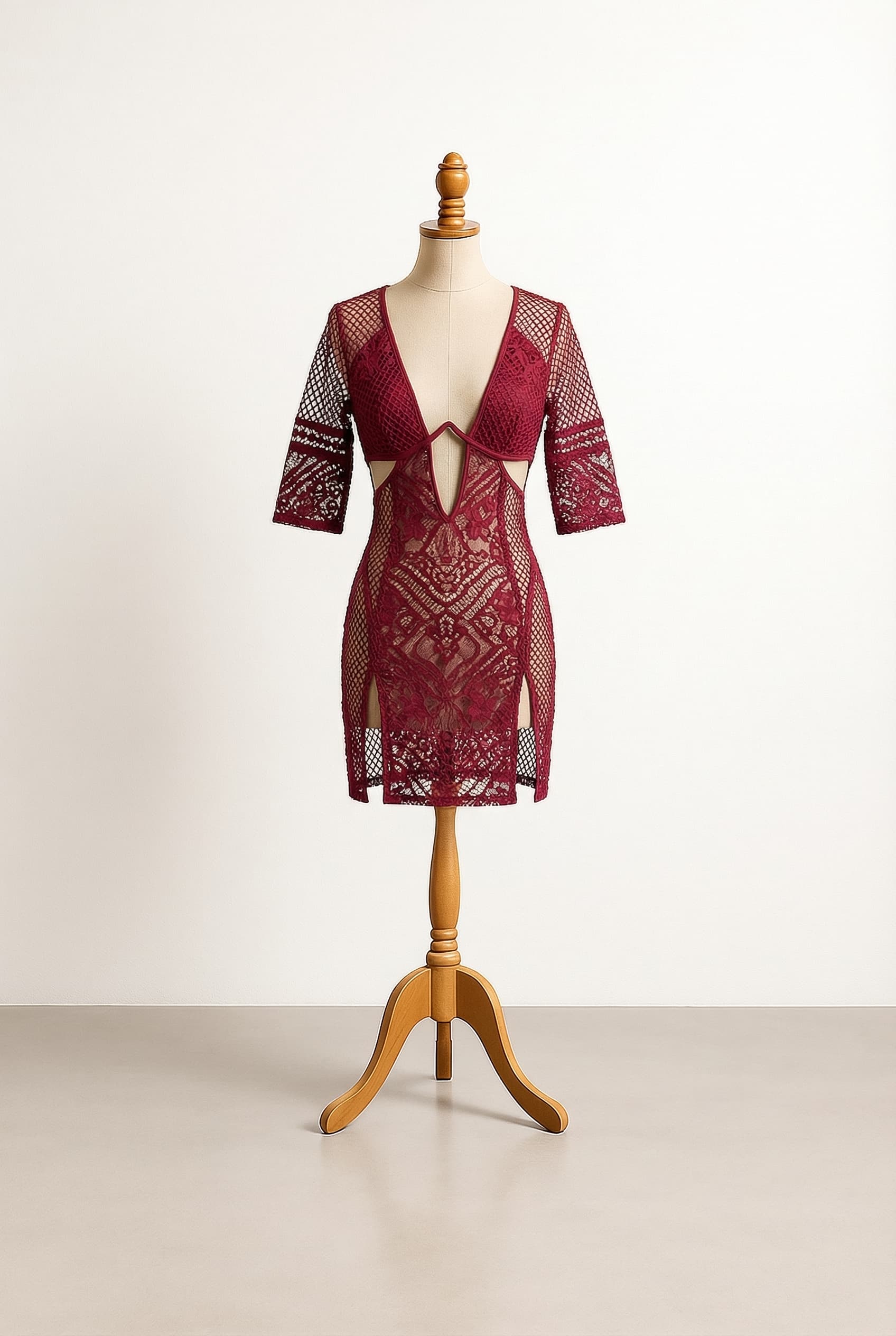 Plunging neckline to navel cut outs high thigh slits underboob deep red Elbow - At the elbow sleeves mixture of fishnet and lace