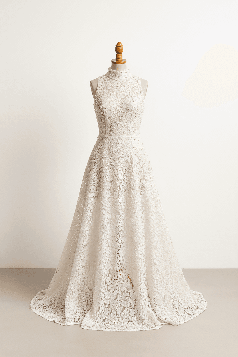 A-line dress with pearls sleeveless and turtle neck