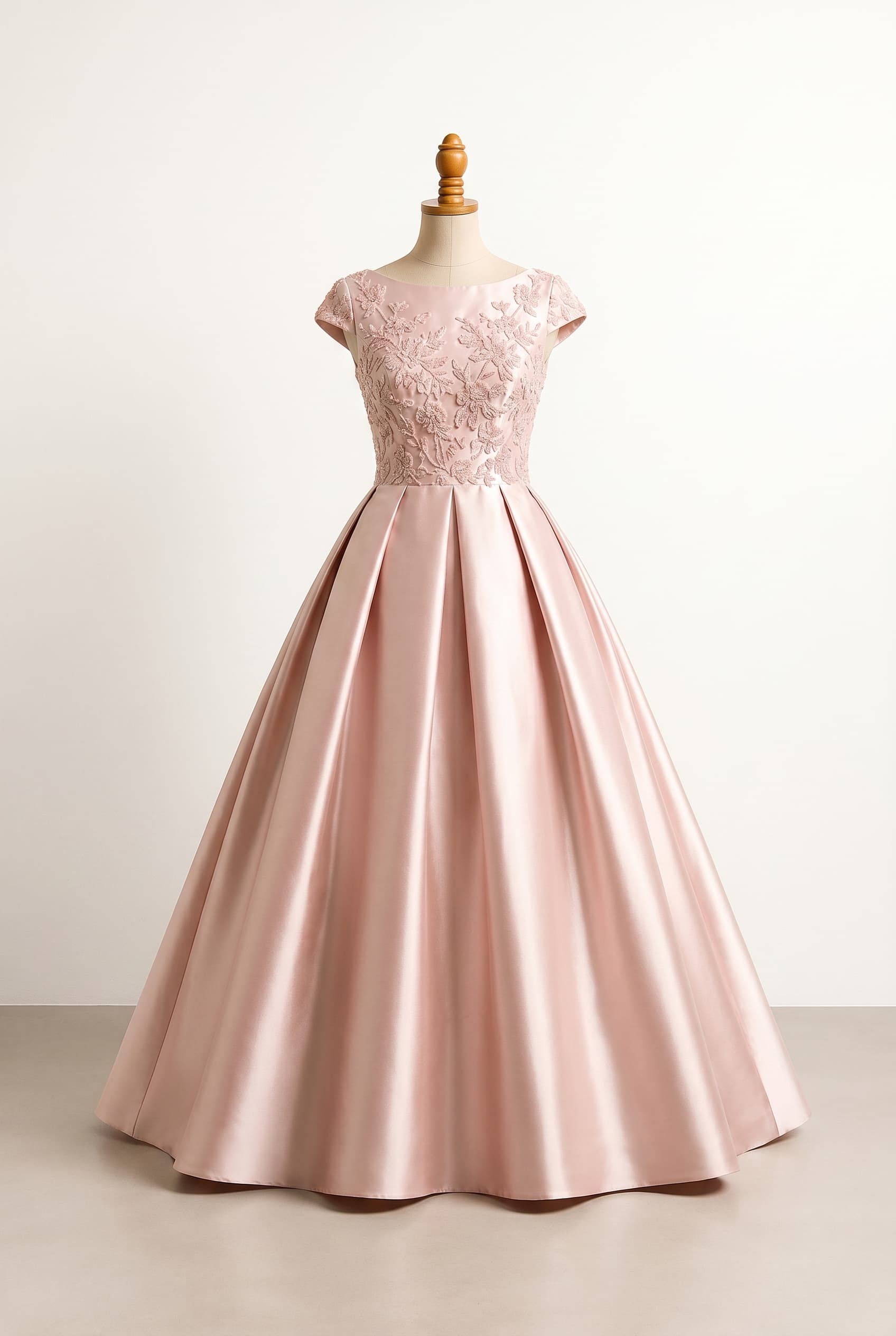 I want a modest wedding dress, pink floor-length dress with a boat neckline, cap sleeves, full skirt, and light beading on the top for a garden party themed wedding, featuring a tonal floral beaded embroidery bodice with structured, pleated silk satin skirt.