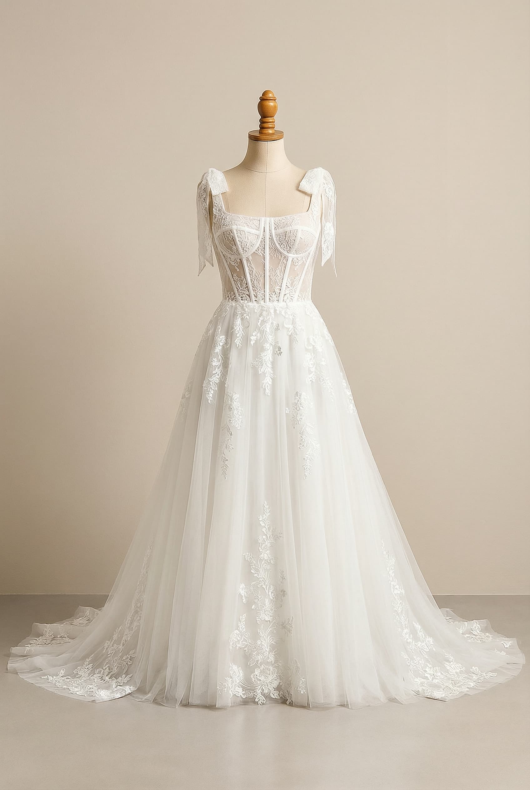 I want a balanced wedding dress with a square neckline a-line soft ballgown silhouette a structured lace corset bodice with floral lace applique all around cascading onto skirt soft tulle skirt long lace-detailed train romantic tie shoulder straps made of soft satin light airy but princess modern vibe