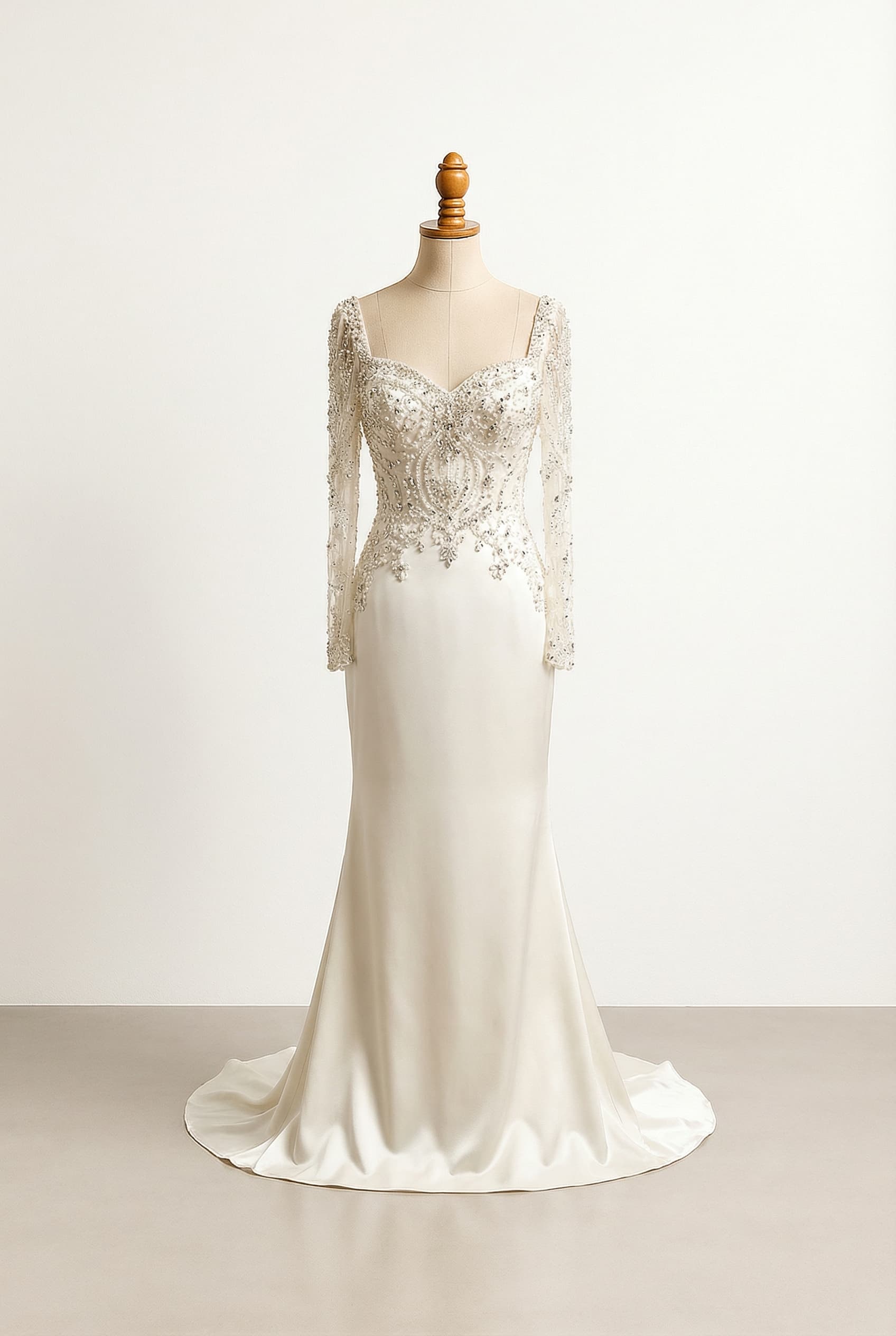 A romantic and glamorous wedding dress with elegant details, adorned with a lot of crystals and beads, featuring a floor length that doesn't touch the floor and a deep plunge v-neck.