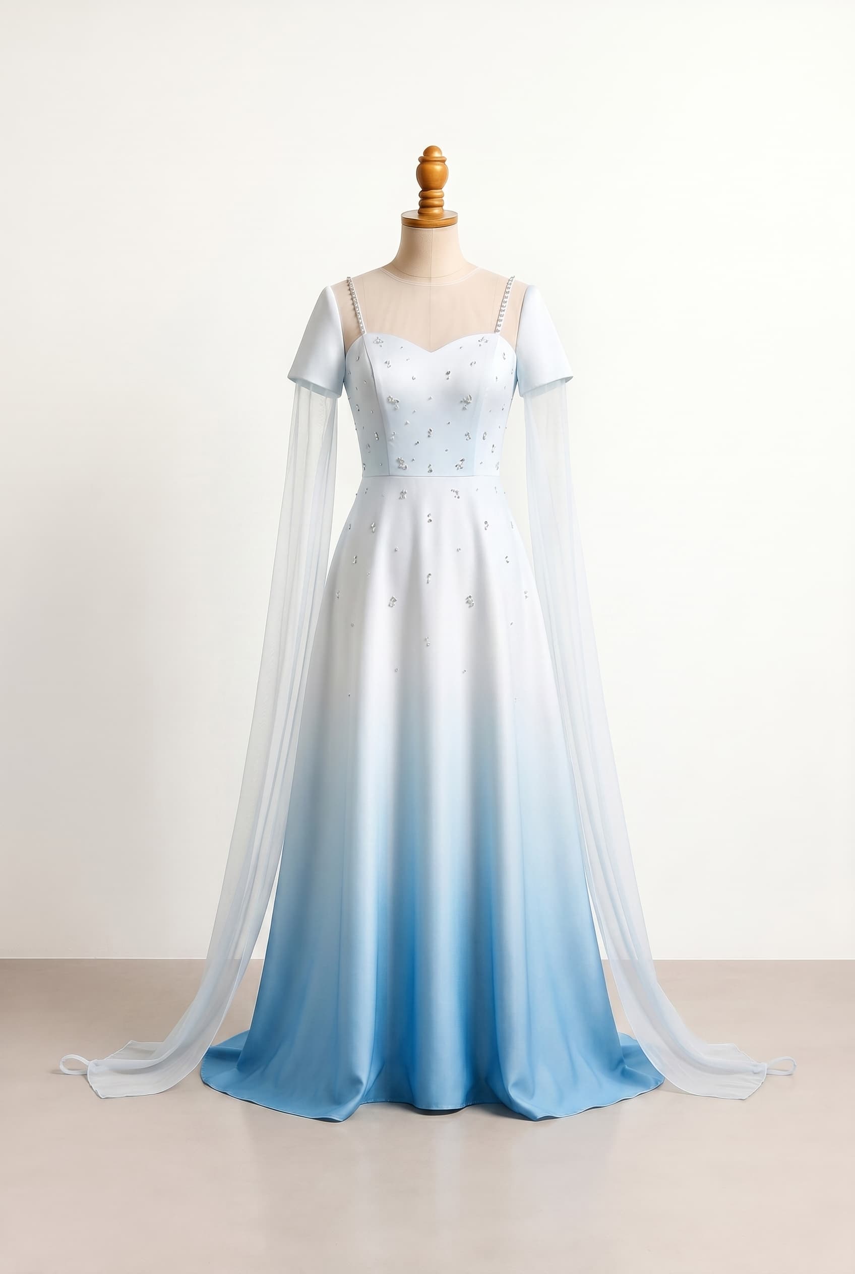 Modest simple and flowy A-line prom dress in blue and white with an ethereal ombré effect, featuring minimal sleeves with a sheer piece of fabric attached to the finger and scattered jewel embellishments, designed with non-reflective matte fabric