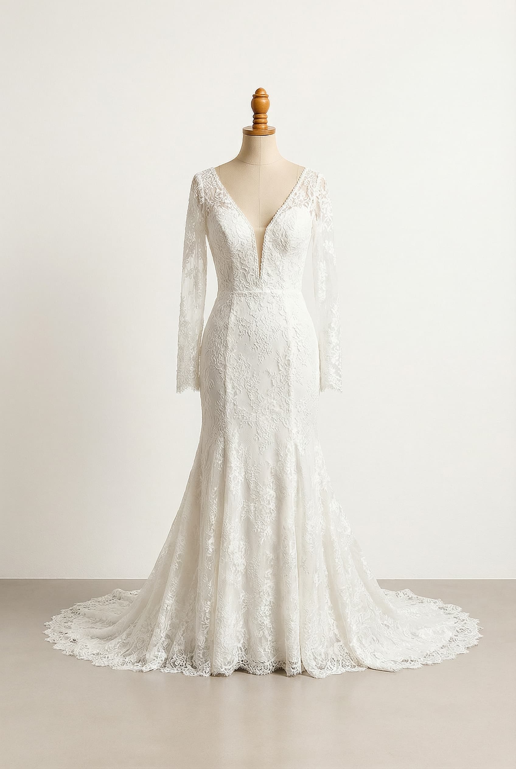 A romantic white wedding dress featuring an elegant V-neckline, exquisite illusion lace long sleeves, and a flattering trumpet silhouette that flows into a grand Cathedral length. It will be crafted from luxurious stretch crepe with intricate lace details.