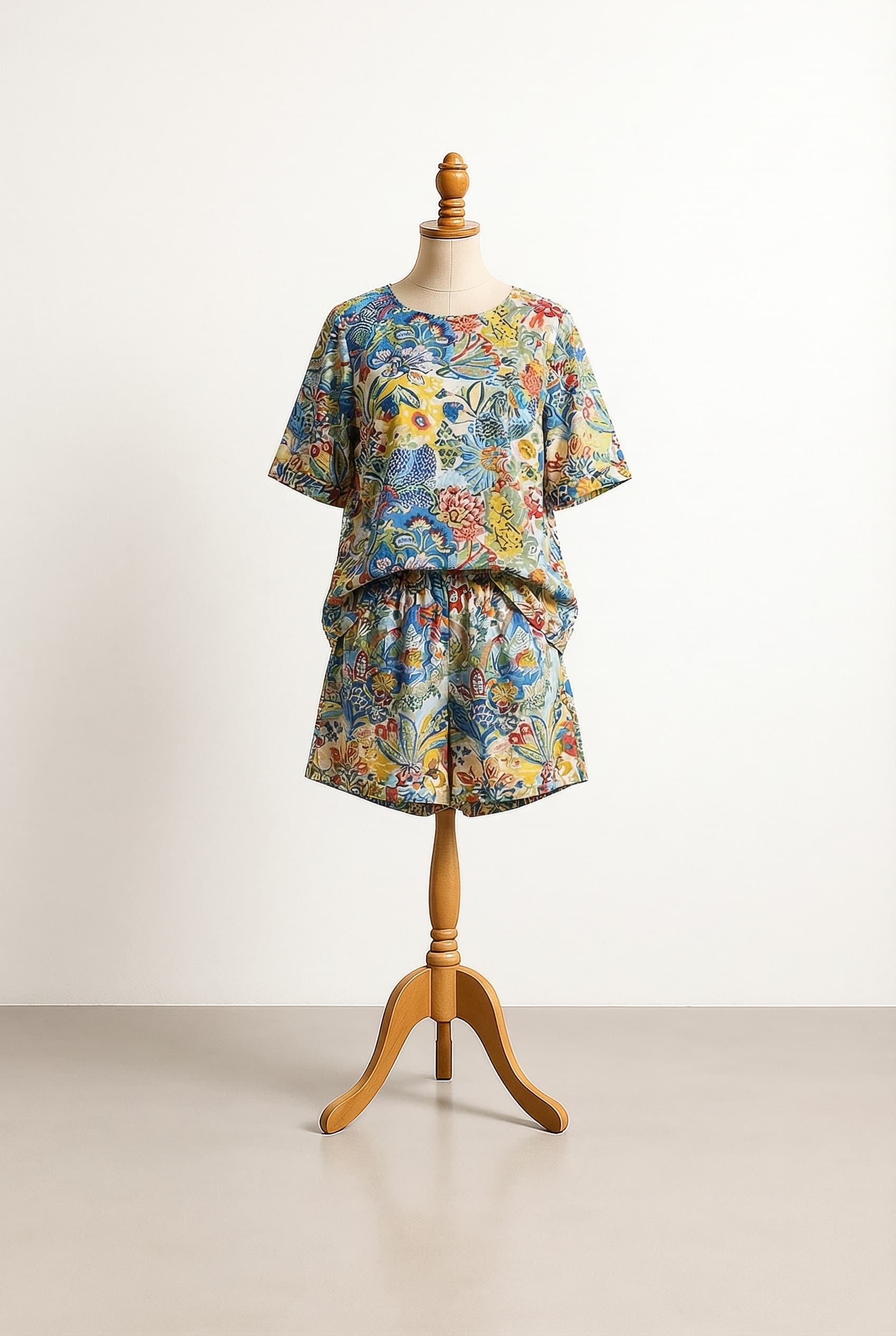 A lawn printed multi-color blouse and summer matching shorts for french ladies