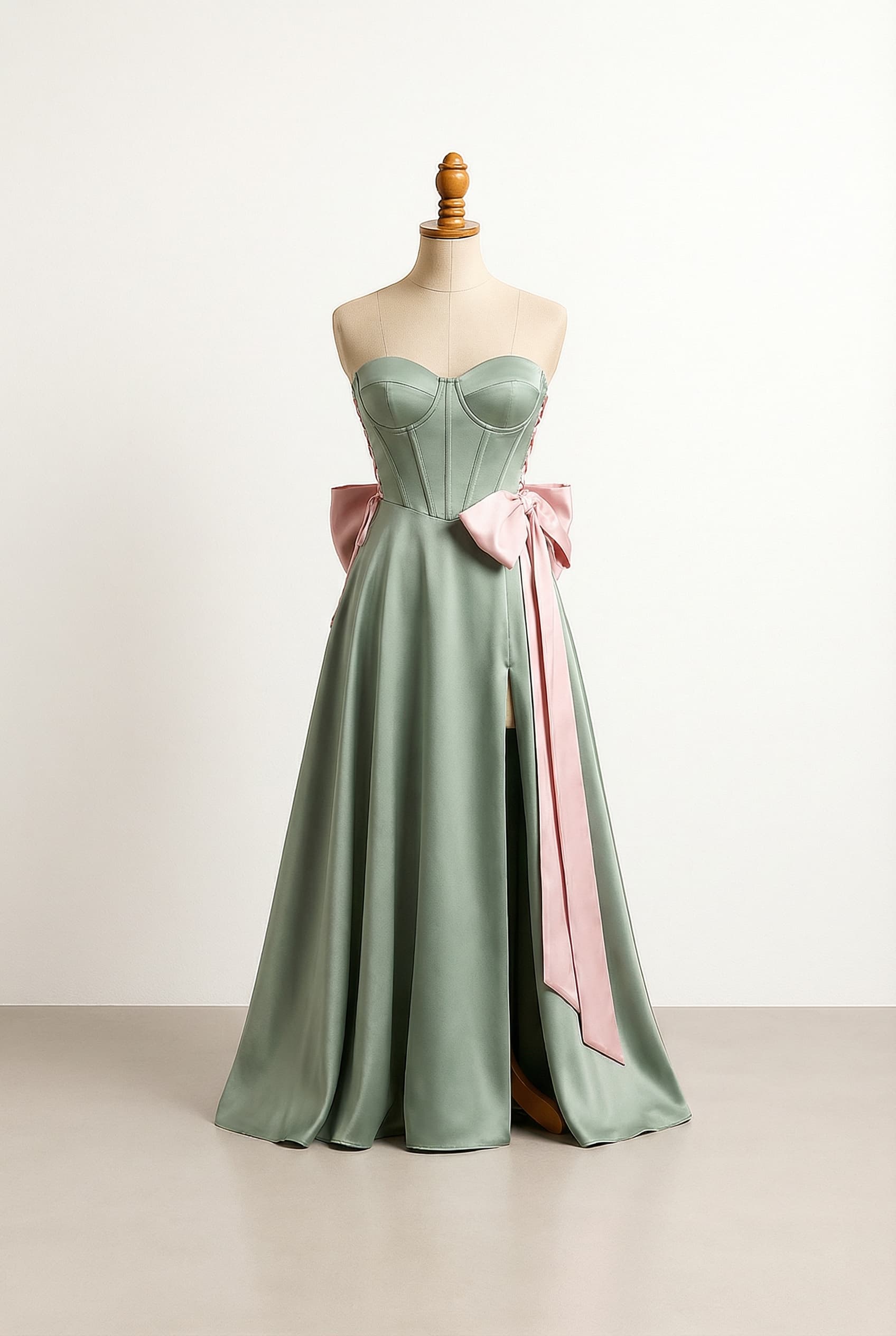 Glamorous muted sage green floor-length Duchess Satin prom dress with a leg slit and a corseted top.