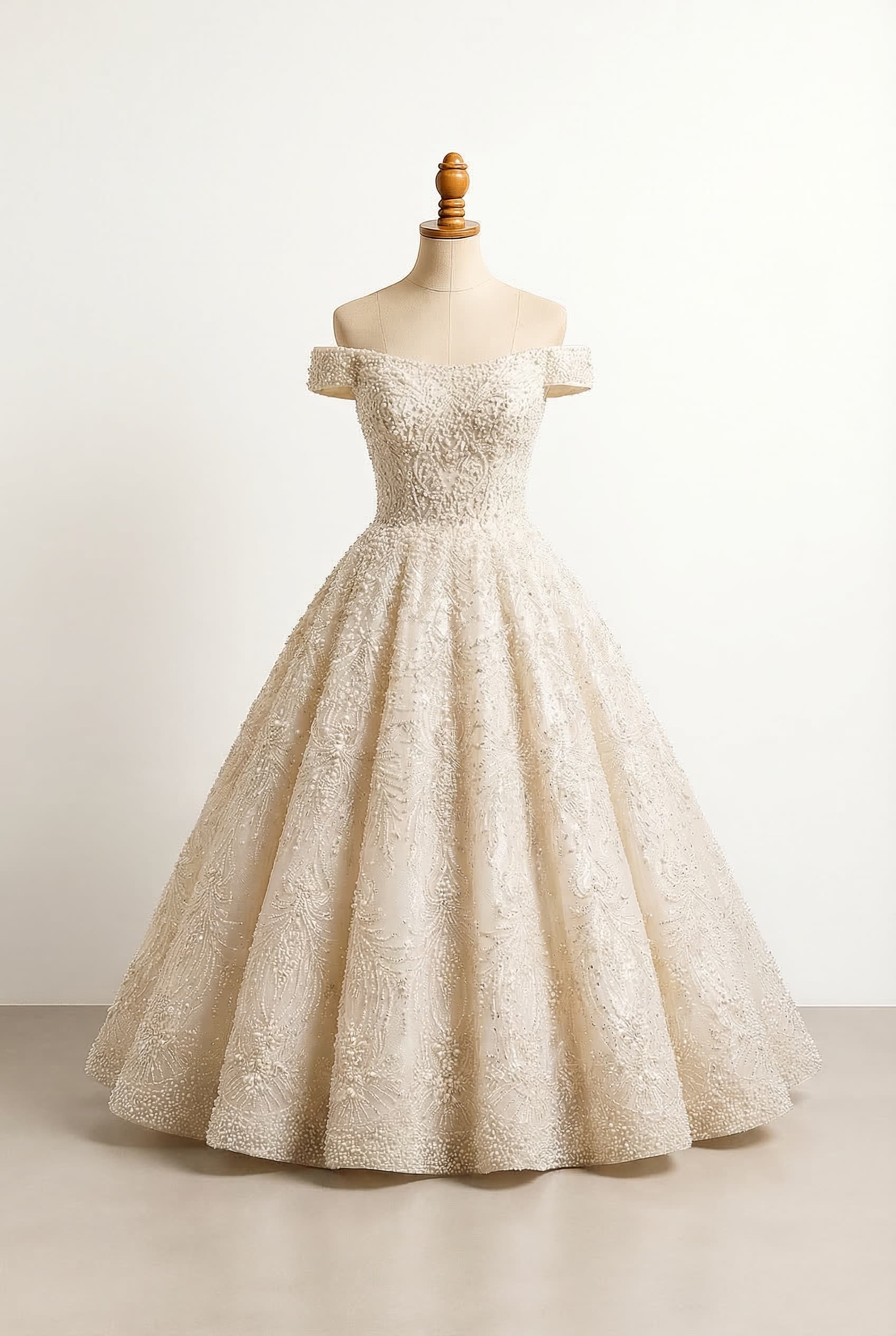 Ball gown with off the shoulder neckline embellished with pearls, with less beading on the skirt and shorter sleeves.